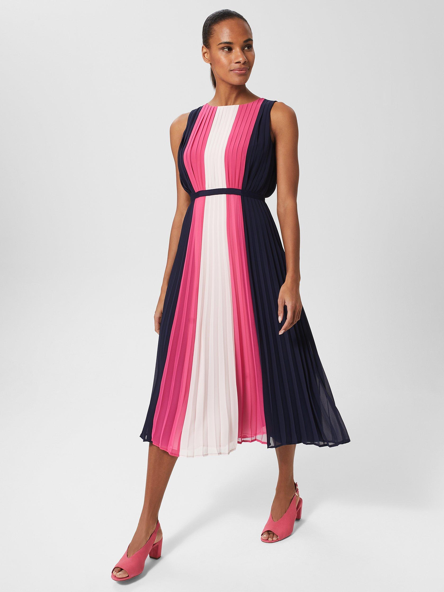 Hobbs Claudia Colour Block Pleated Midi Dress Navy Pink