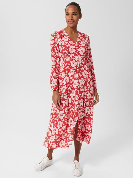 Hobbs Allison Midi Floral Dress, Red/Pink, Red Pink