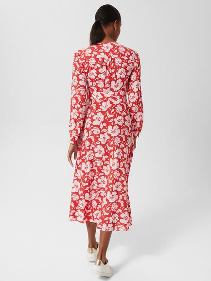 Hobbs Allison Midi Floral Dress, Red/Pink - view 2, Red Pink