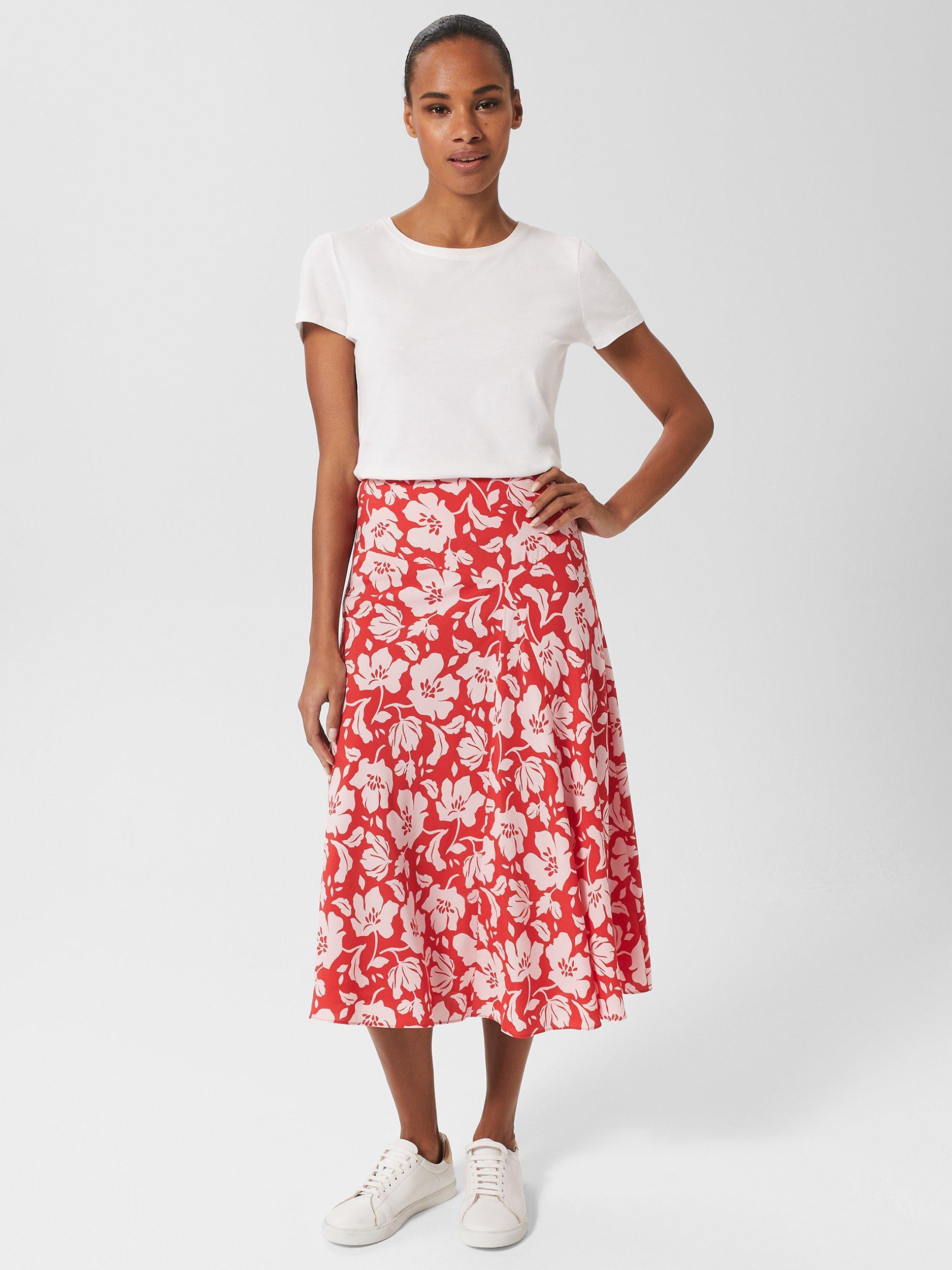 Hobbs Angie Floral Midi Skirt, Red/Pink
