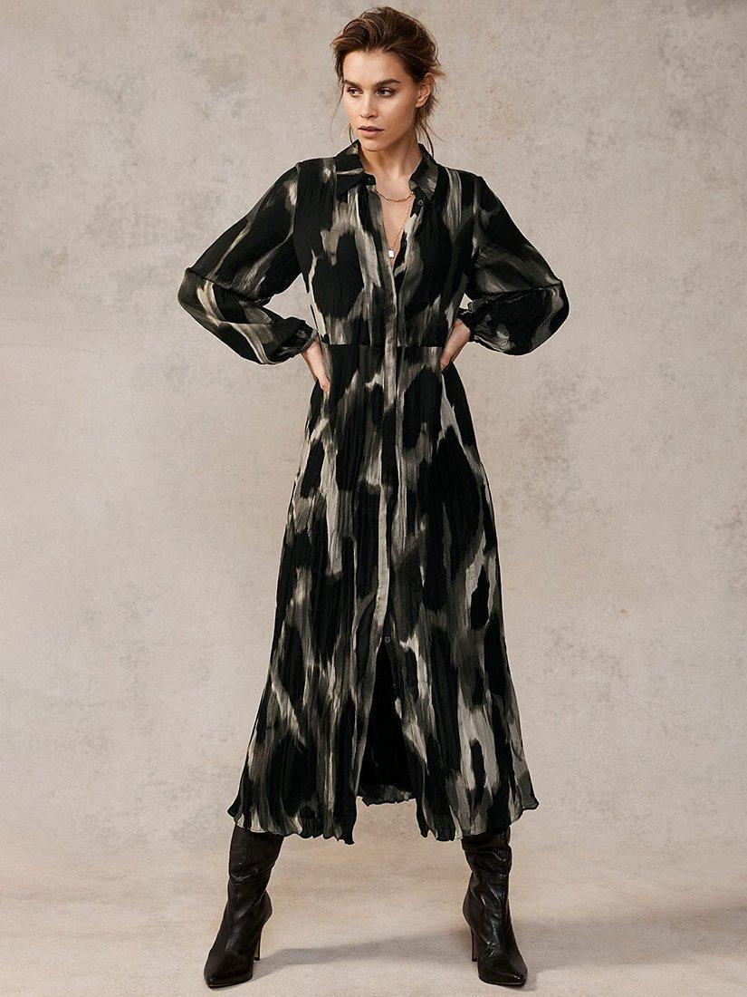 Mint Velvet Nova Print Midi Shirt Dress, Black/Khaki