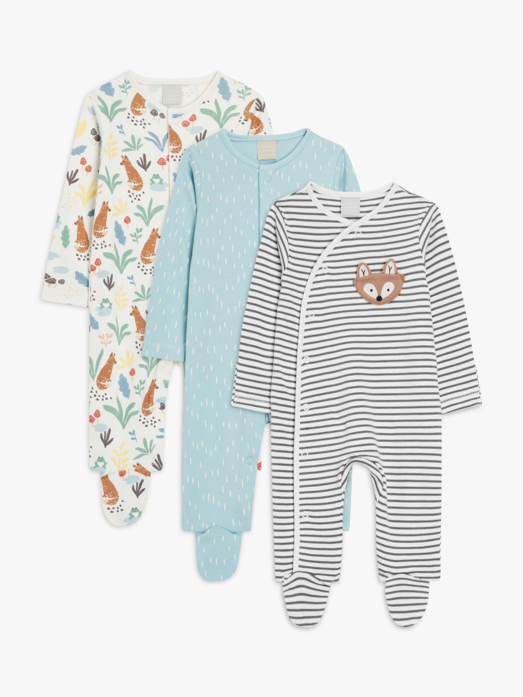 John Lewis Baby Cotton Fox Print Sleepsuits, Pack of 3, Multi