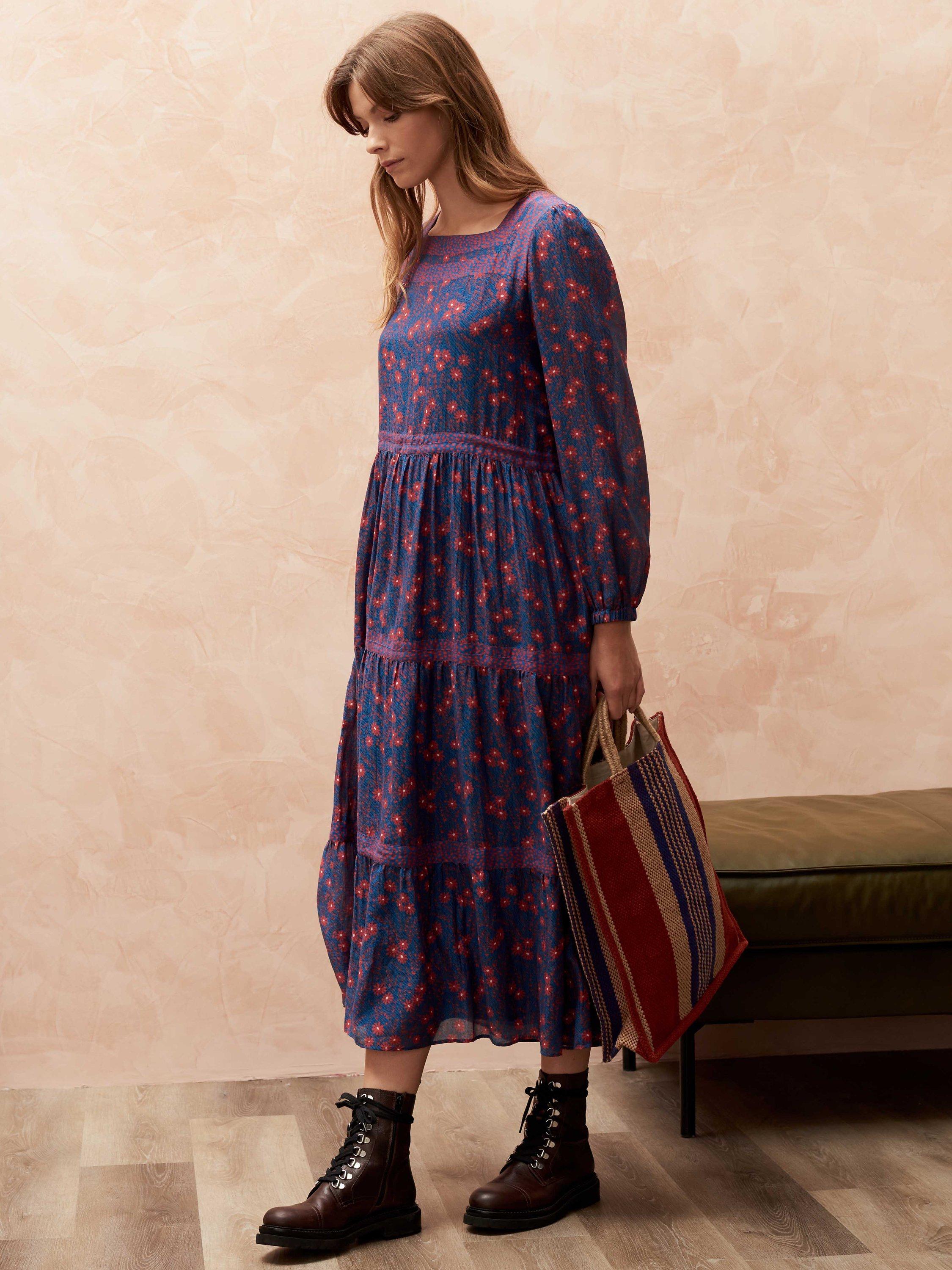 Brora Silk and Cotton Floral Patchwork Tiered Midi Dress, Ink/Poppy
