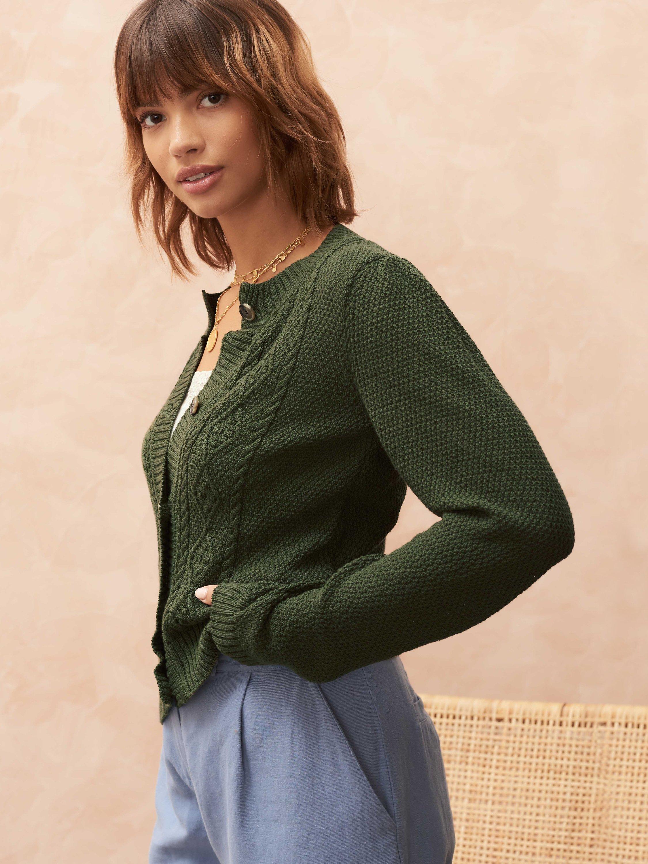 Brora Cotton Knit Textured Cardigan, Khaki, 8-10