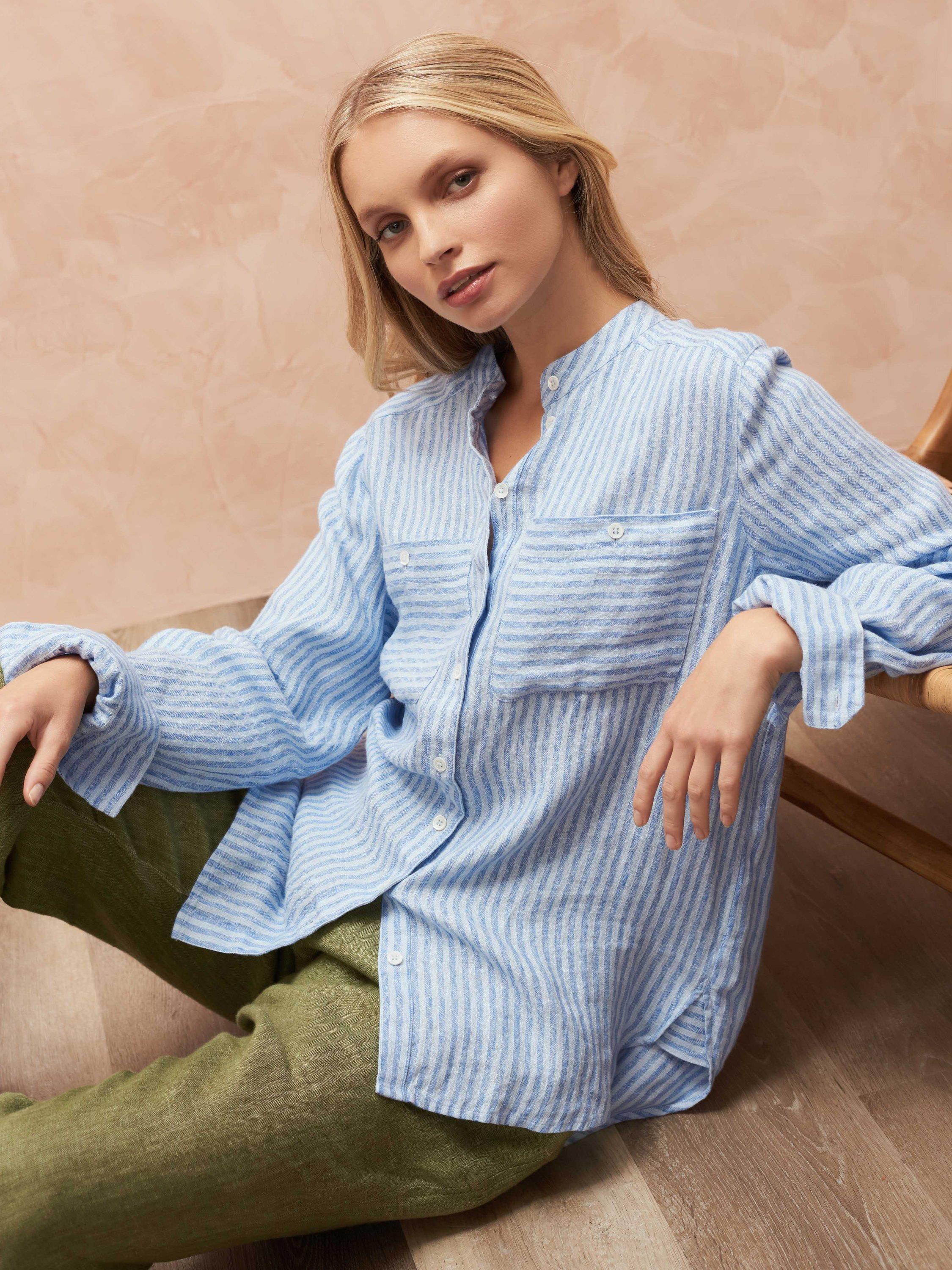 Brora Two Tone Stripe Linen Boyfriend Shirt, Sky