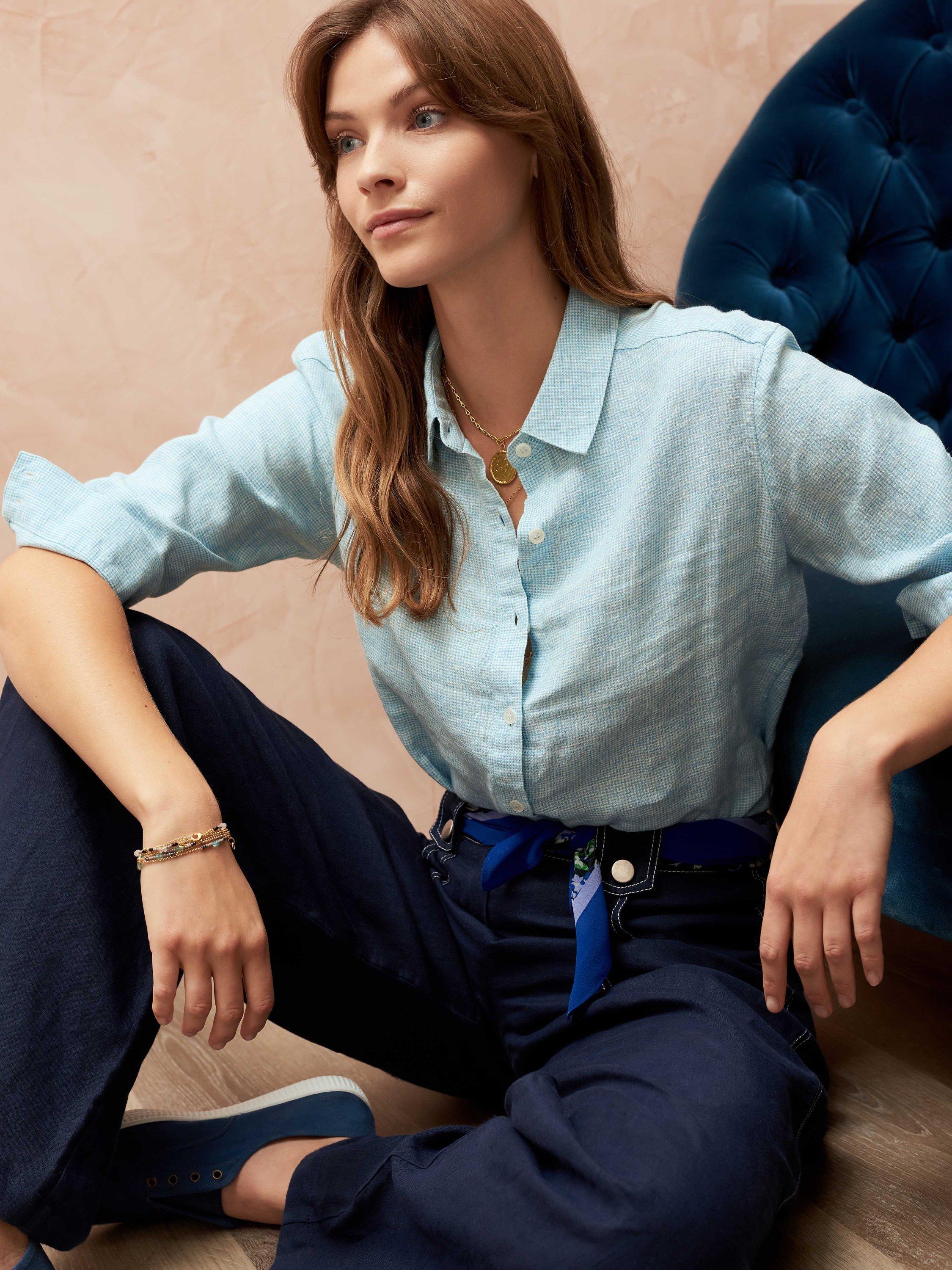 Brora Fine Houndstooth Linen Shirt, Aqua
