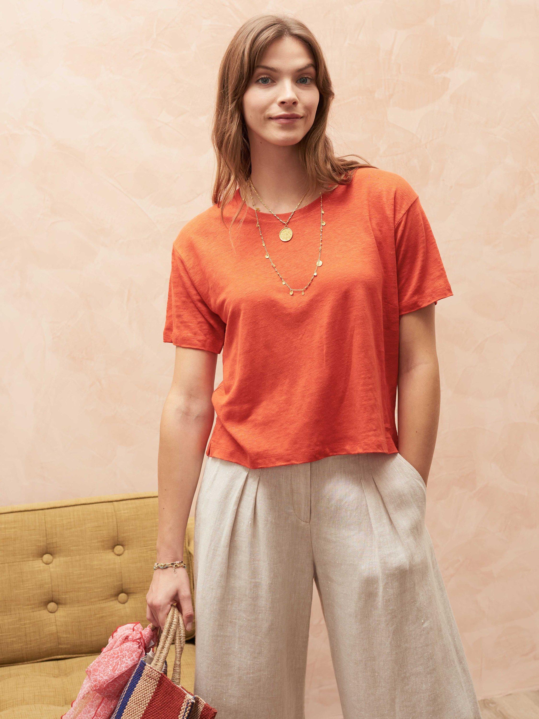 Brora Linen Knit Boat Neck T-Shirt, Clementine