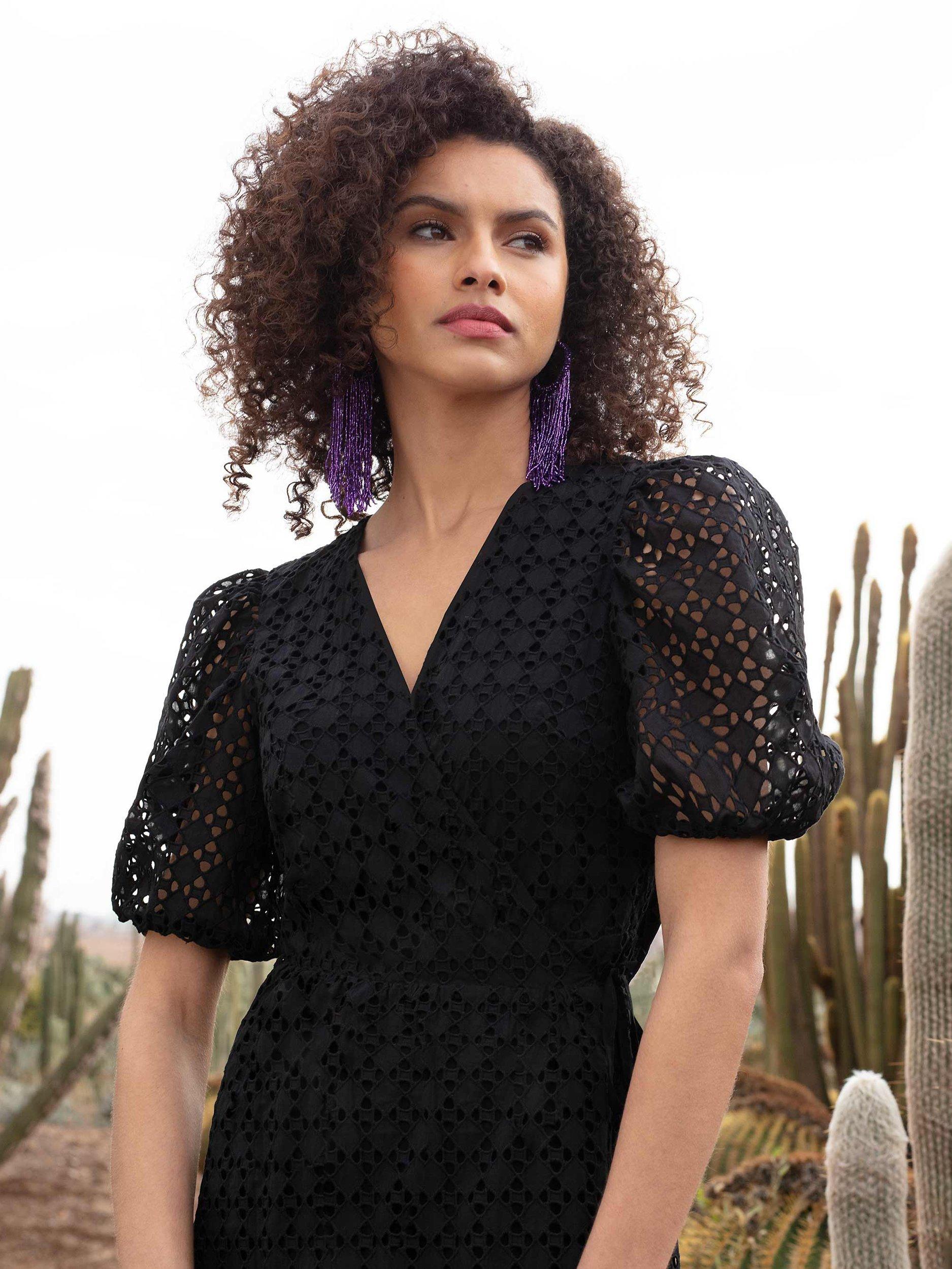 Product image 2 of 6, which shows Ro&Zo Puff Sleeve Midi Broderie Dress, Black, 6