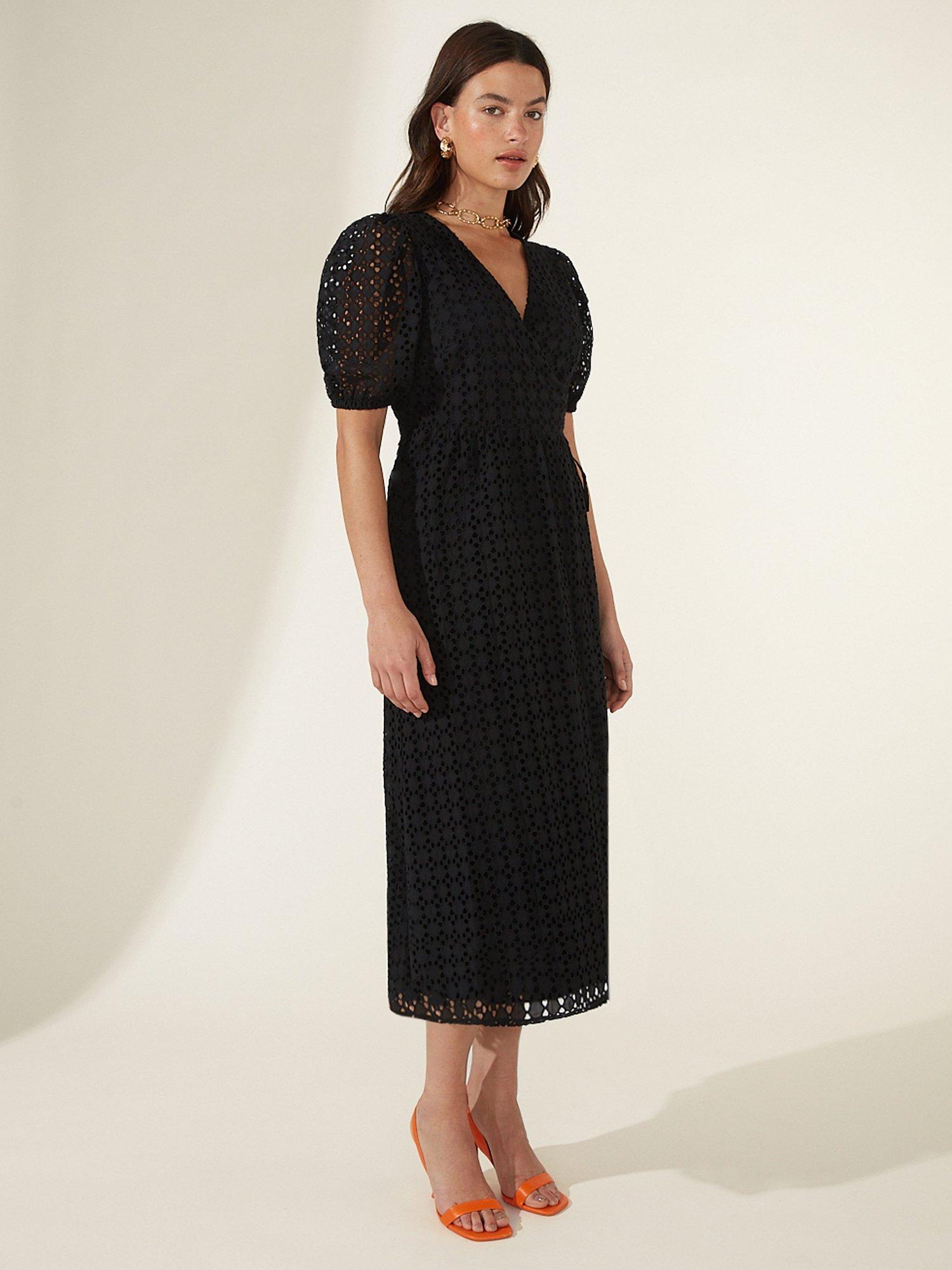 Product image 3 of 6, which shows Ro&Zo Puff Sleeve Midi Broderie Dress, Black, 6