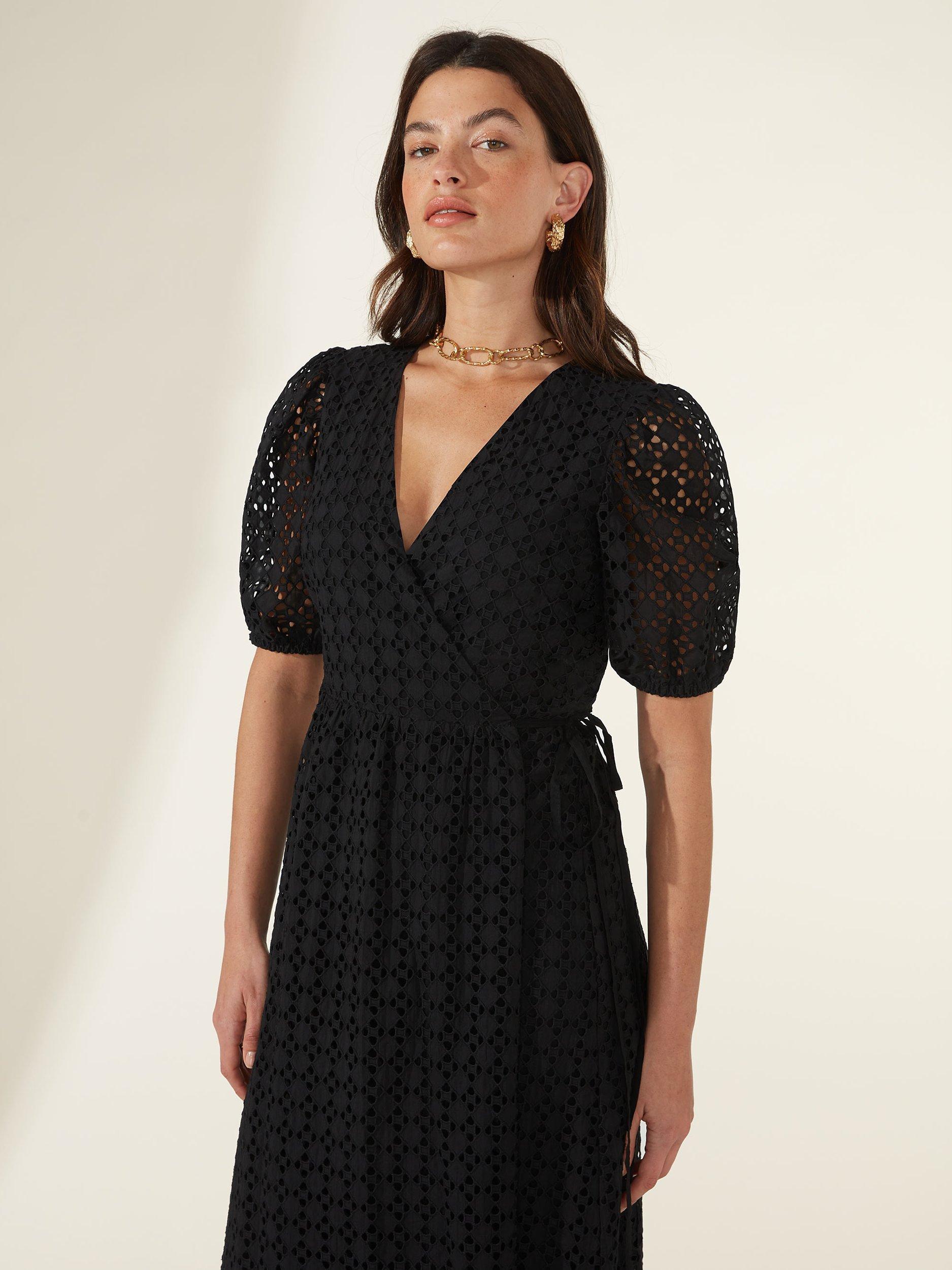 Product image 4 of 6, which shows Ro&Zo Puff Sleeve Midi Broderie Dress, Black, 6
