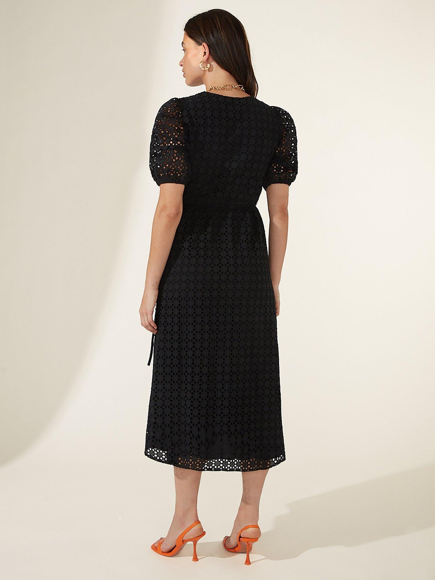Product image 5 of 6, which shows Ro&Zo Puff Sleeve Midi Broderie Dress, Black, 6