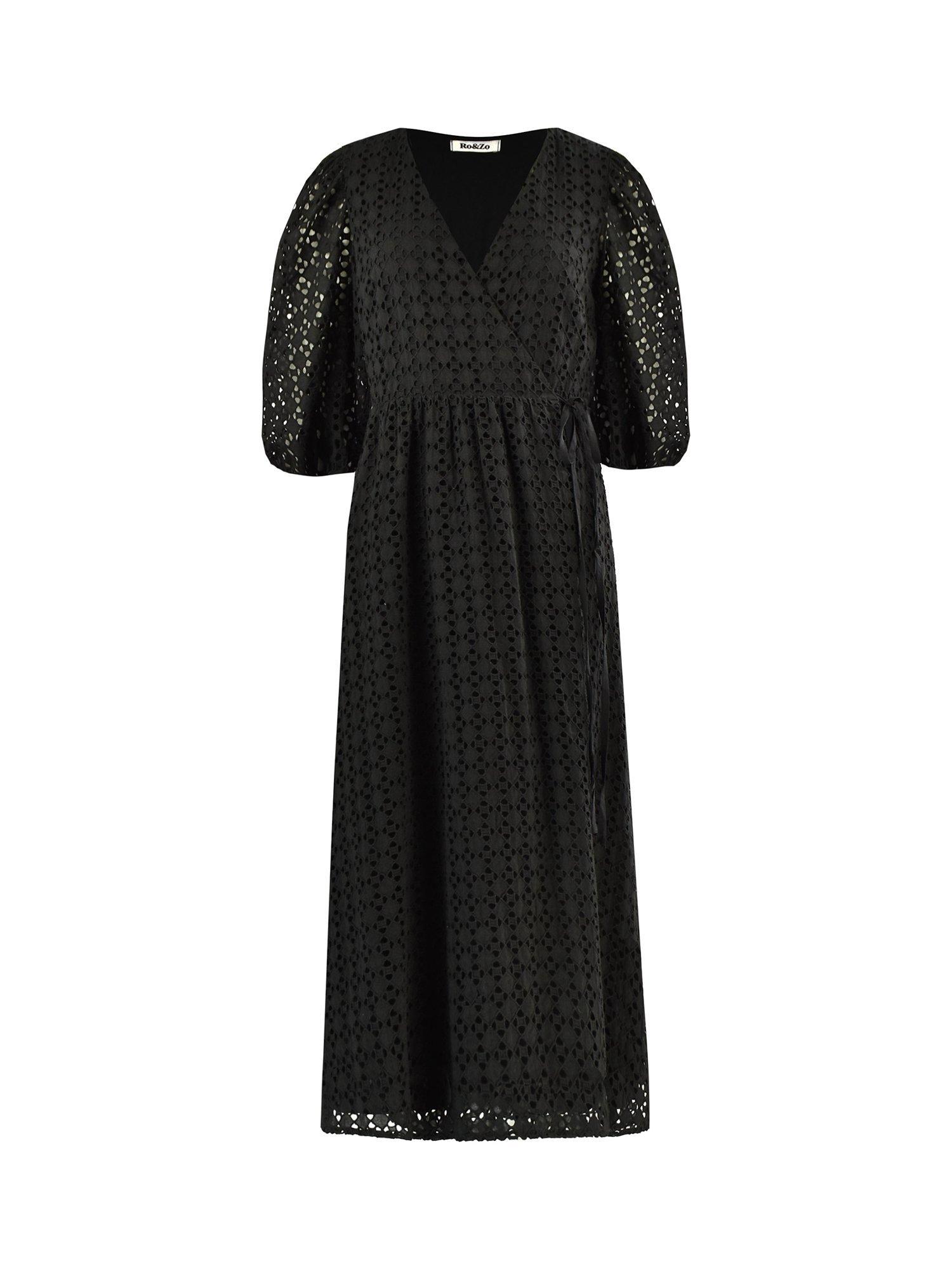 Product image 6 of 6, which shows Ro&Zo Puff Sleeve Midi Broderie Dress, Black, 6
