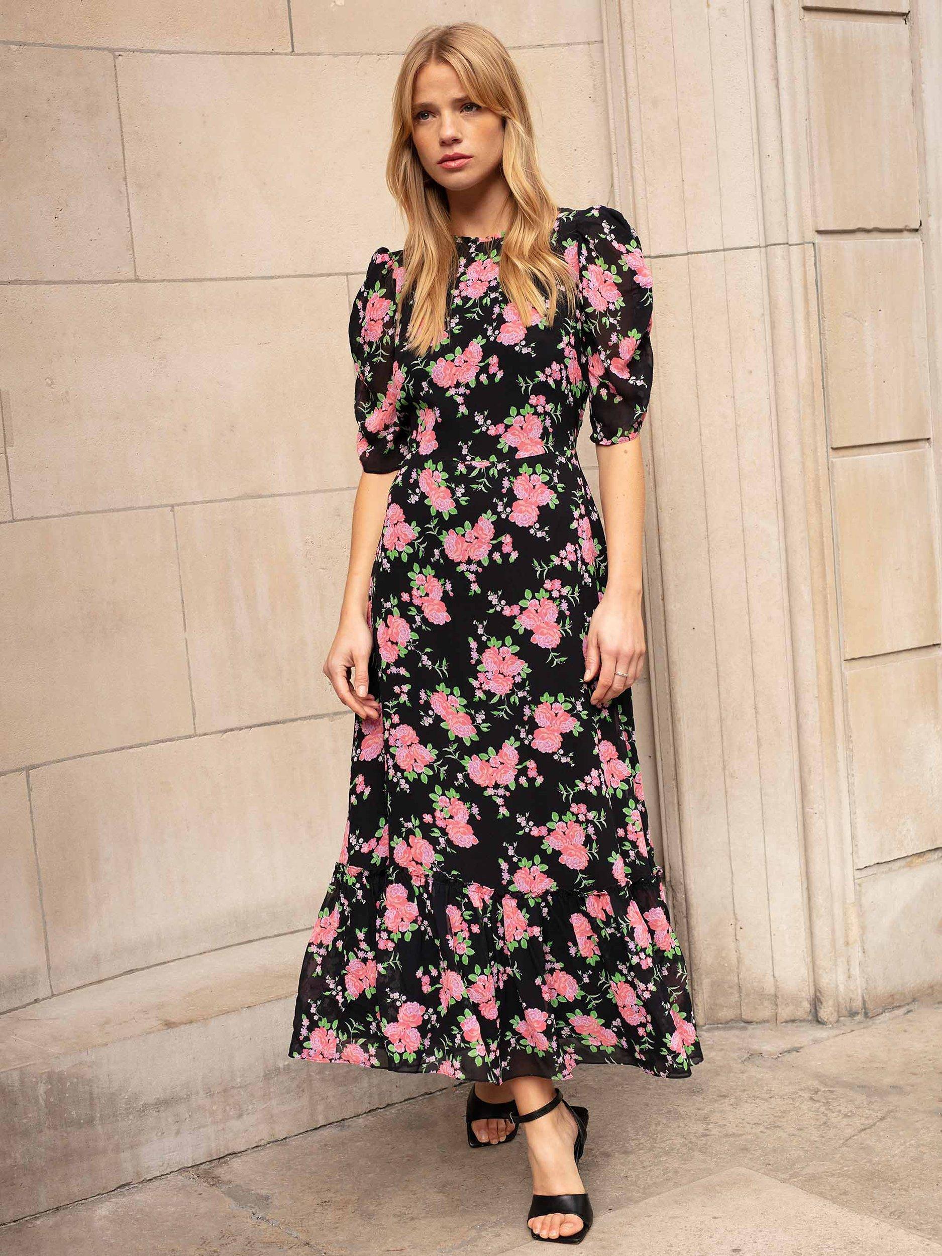 Ro&Zo Floral Frill Neck Midi Dress, Black/Multi