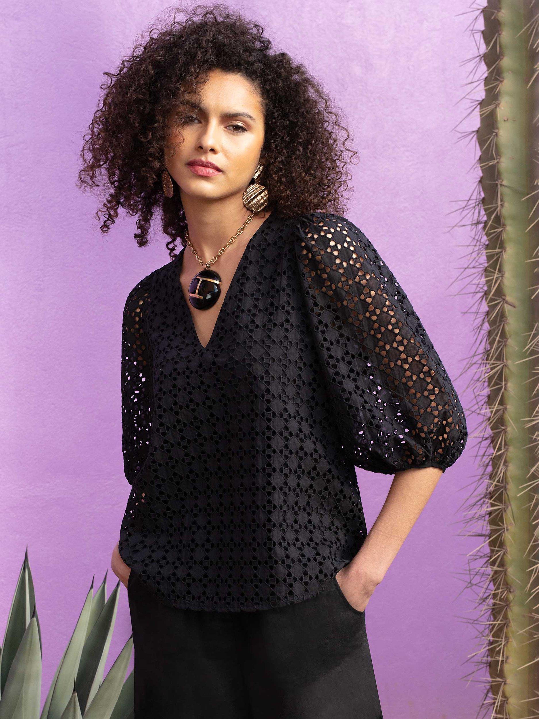 Ro&Zo Broderie Lace Puff Sleeve Blouse, Black
