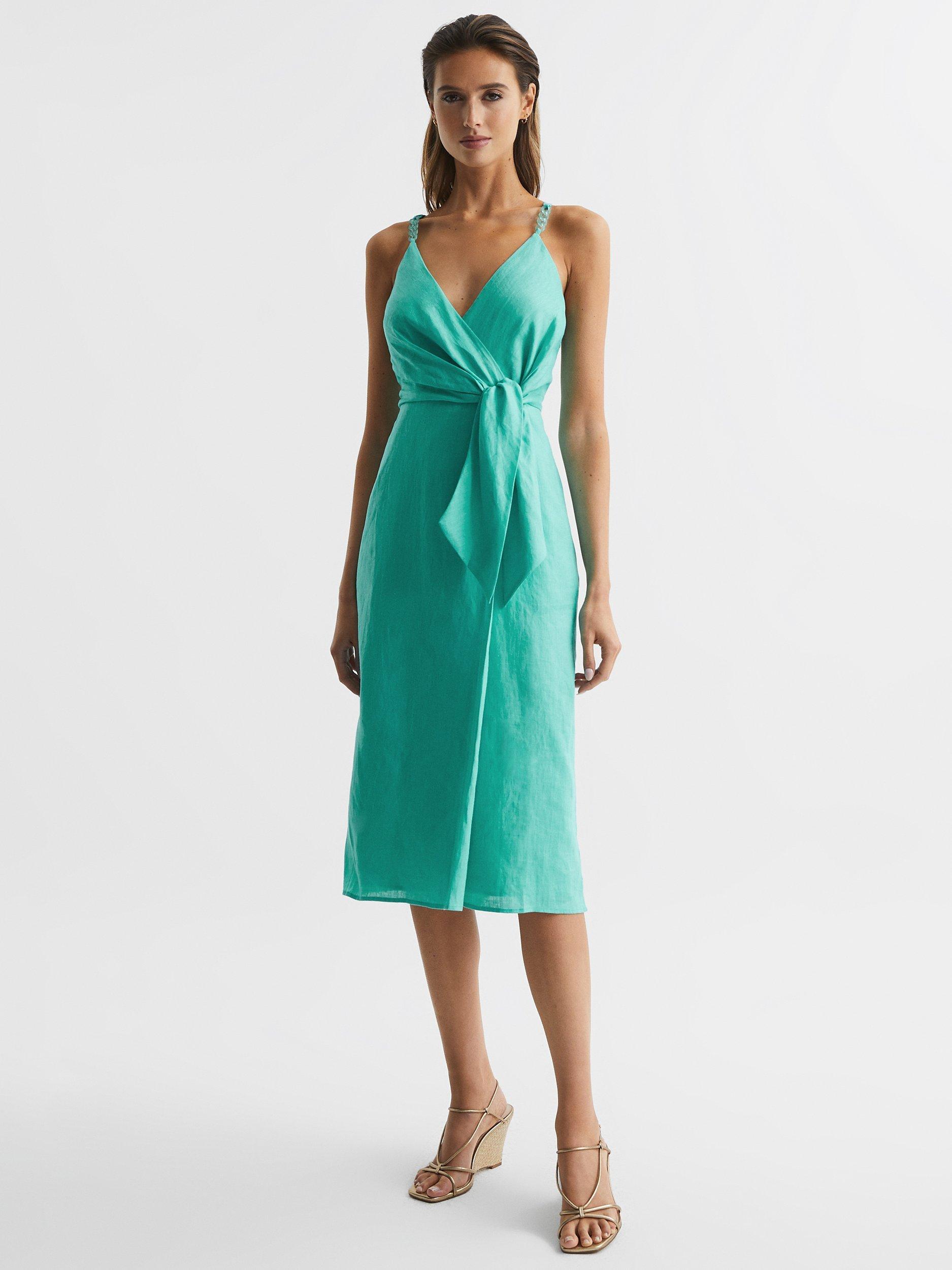 Reiss Esme Linen Tie Side Midi Dress Aqua