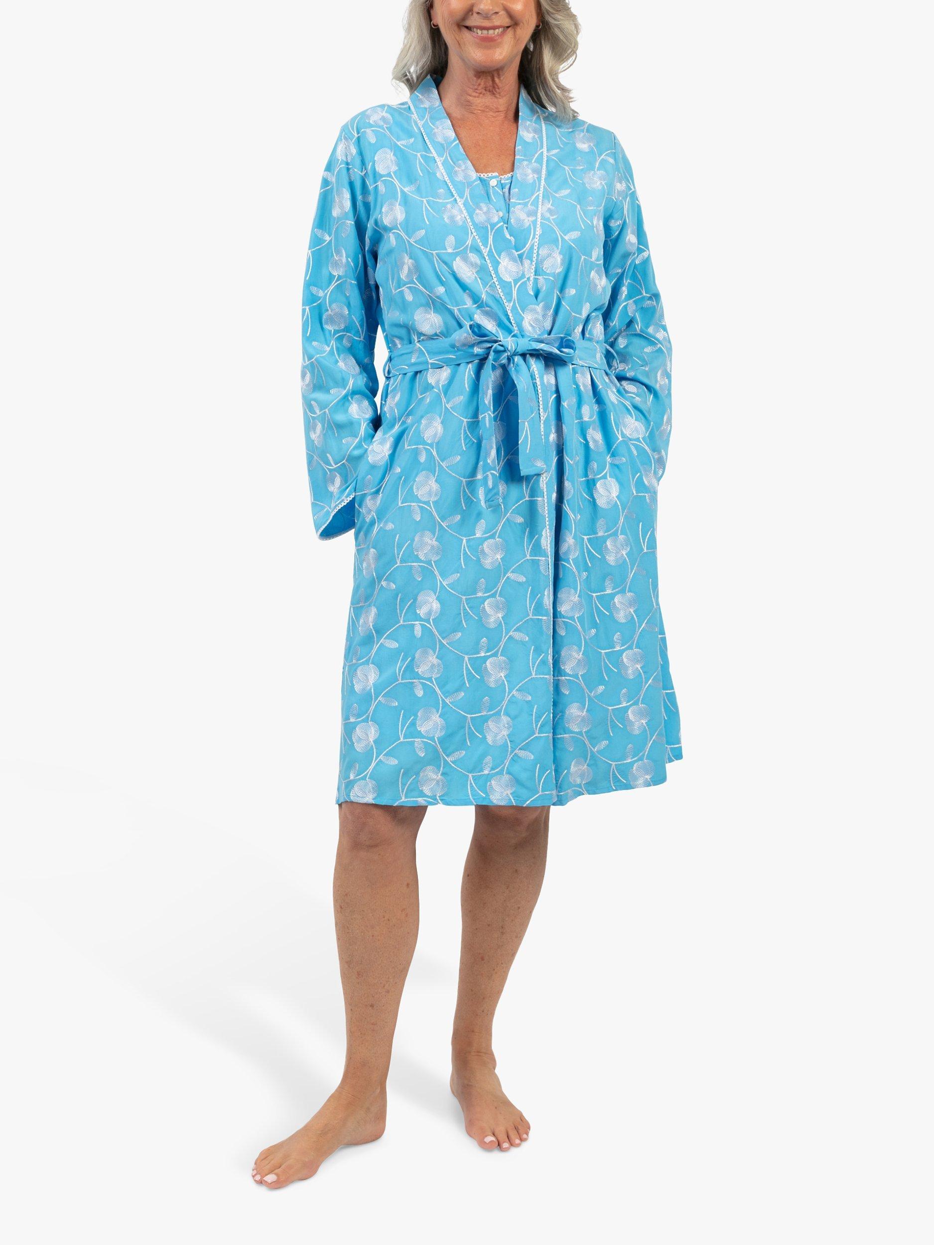Product image 1 of 4, which shows Cyberjammies Leona Floral Embroidered Short Dressing Gown, Blue, 12