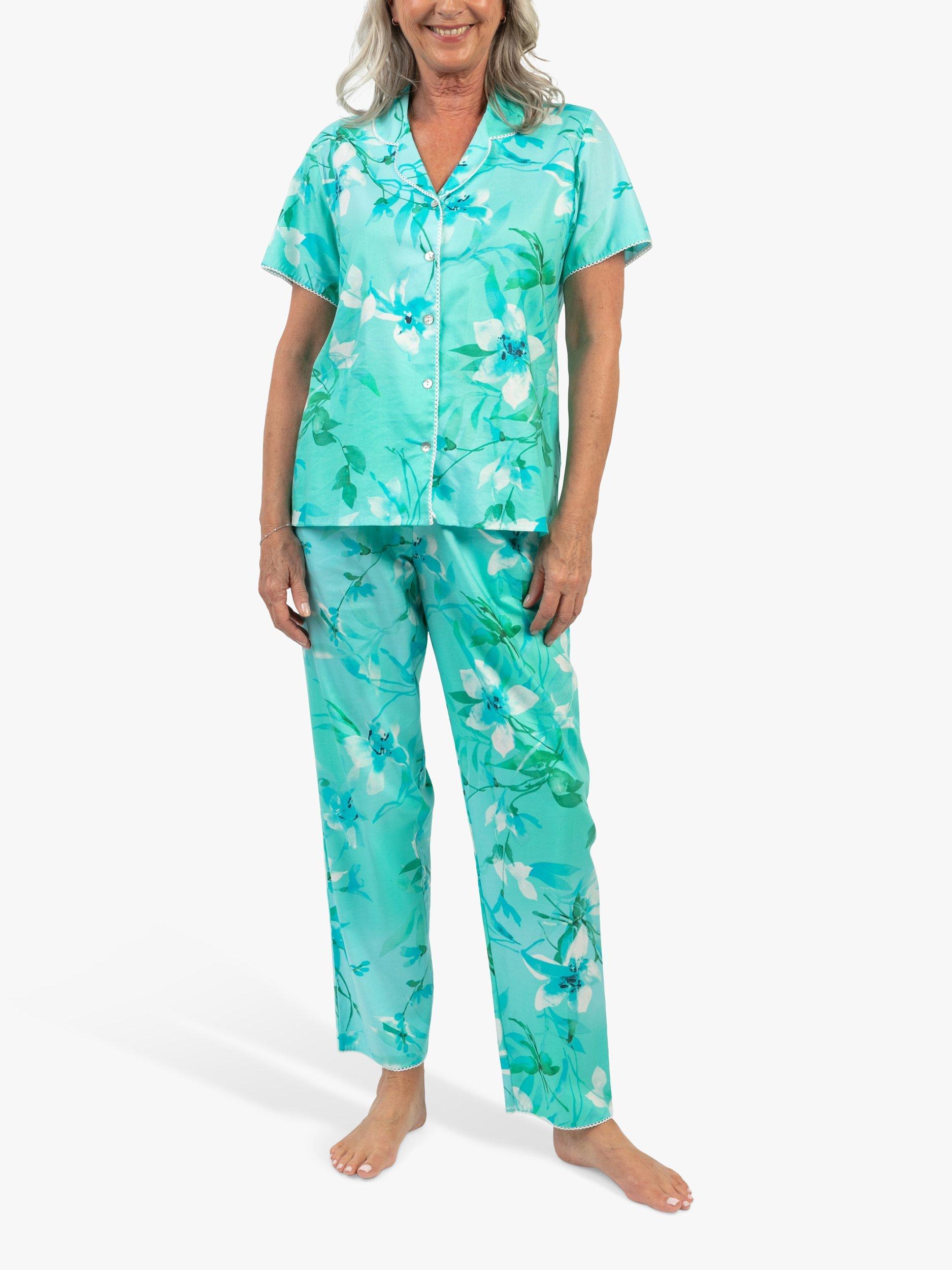 Product image 1 of 4, which shows Cyberjammies Leona Floral Print Short Sleeve Pyjama Set, Aqua, 8