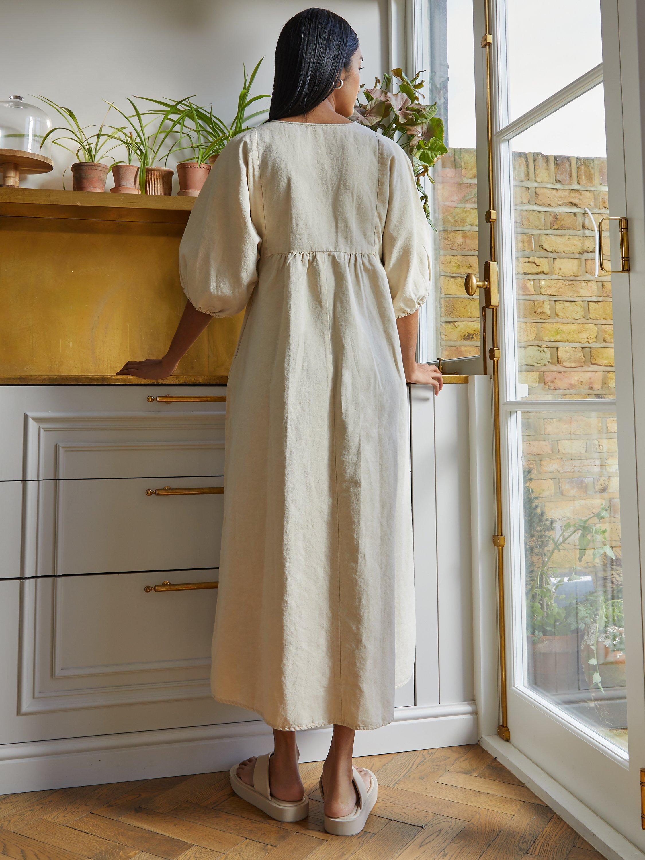 Product image 3 of 6, which shows Albaray V Neck Midi Linen Dress, Stone, 12