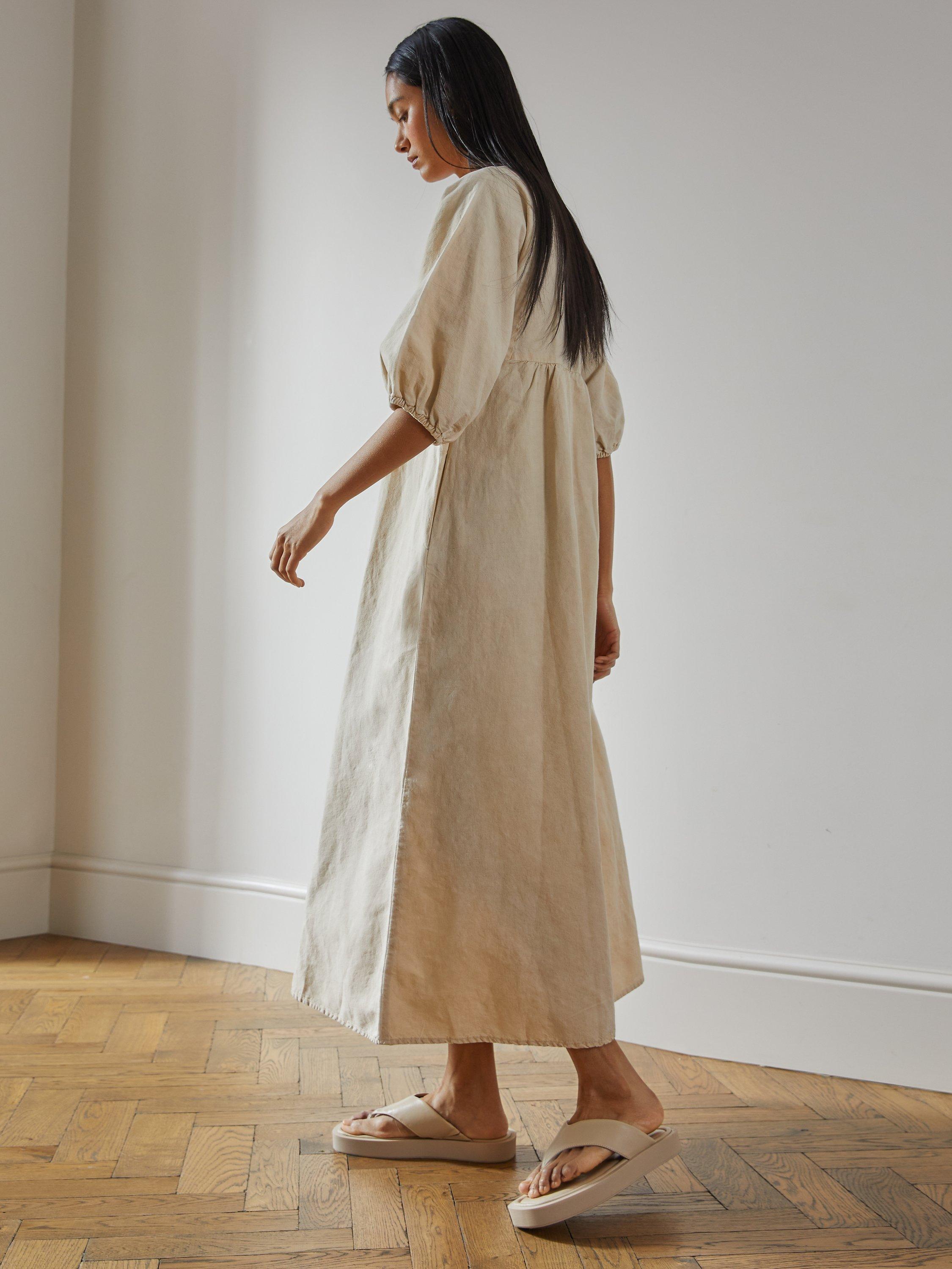 Product image 5 of 6, which shows Albaray V Neck Midi Linen Dress, Stone, 12