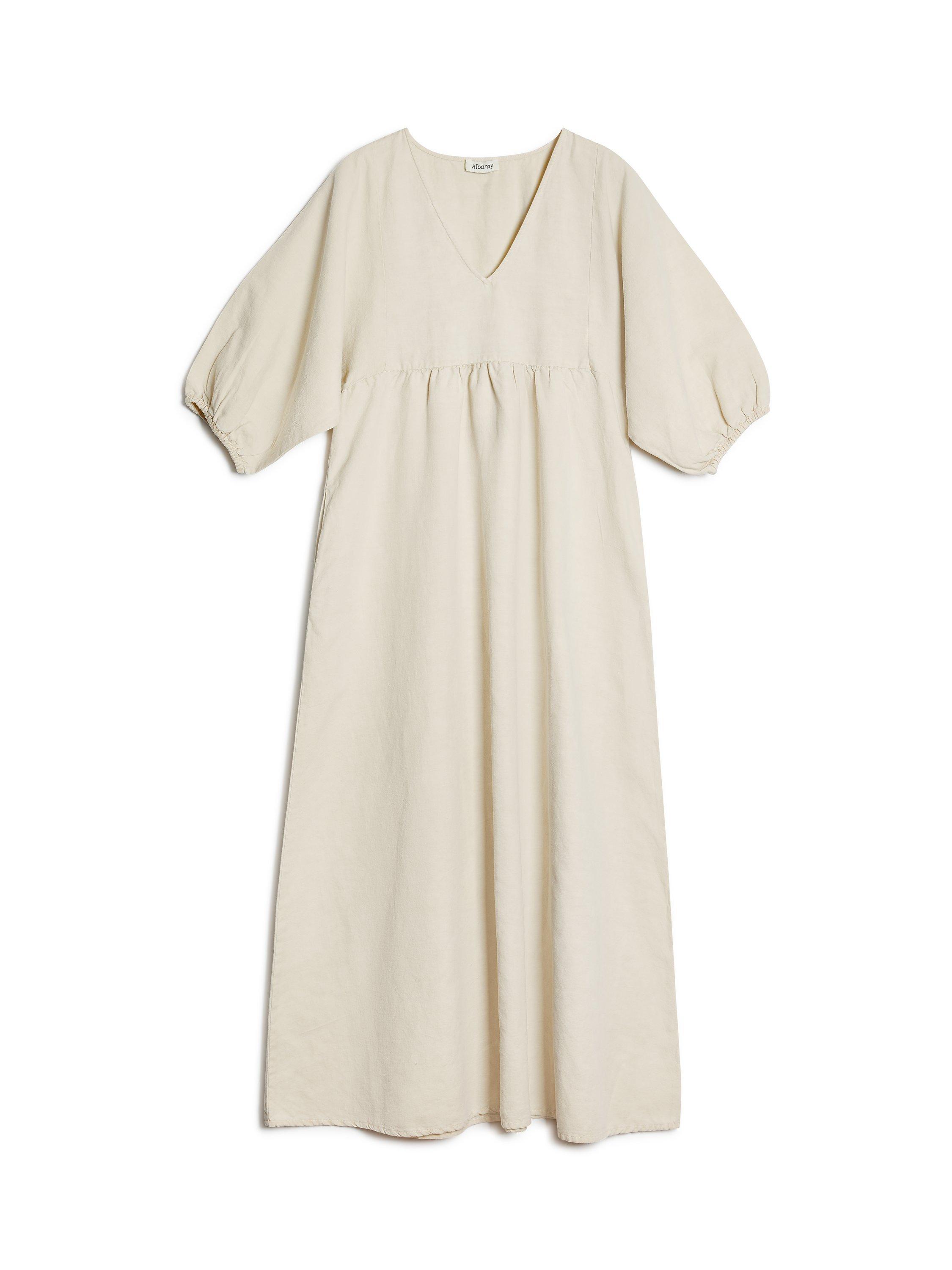 Product image 6 of 6, which shows Albaray V Neck Midi Linen Dress, Stone, 12