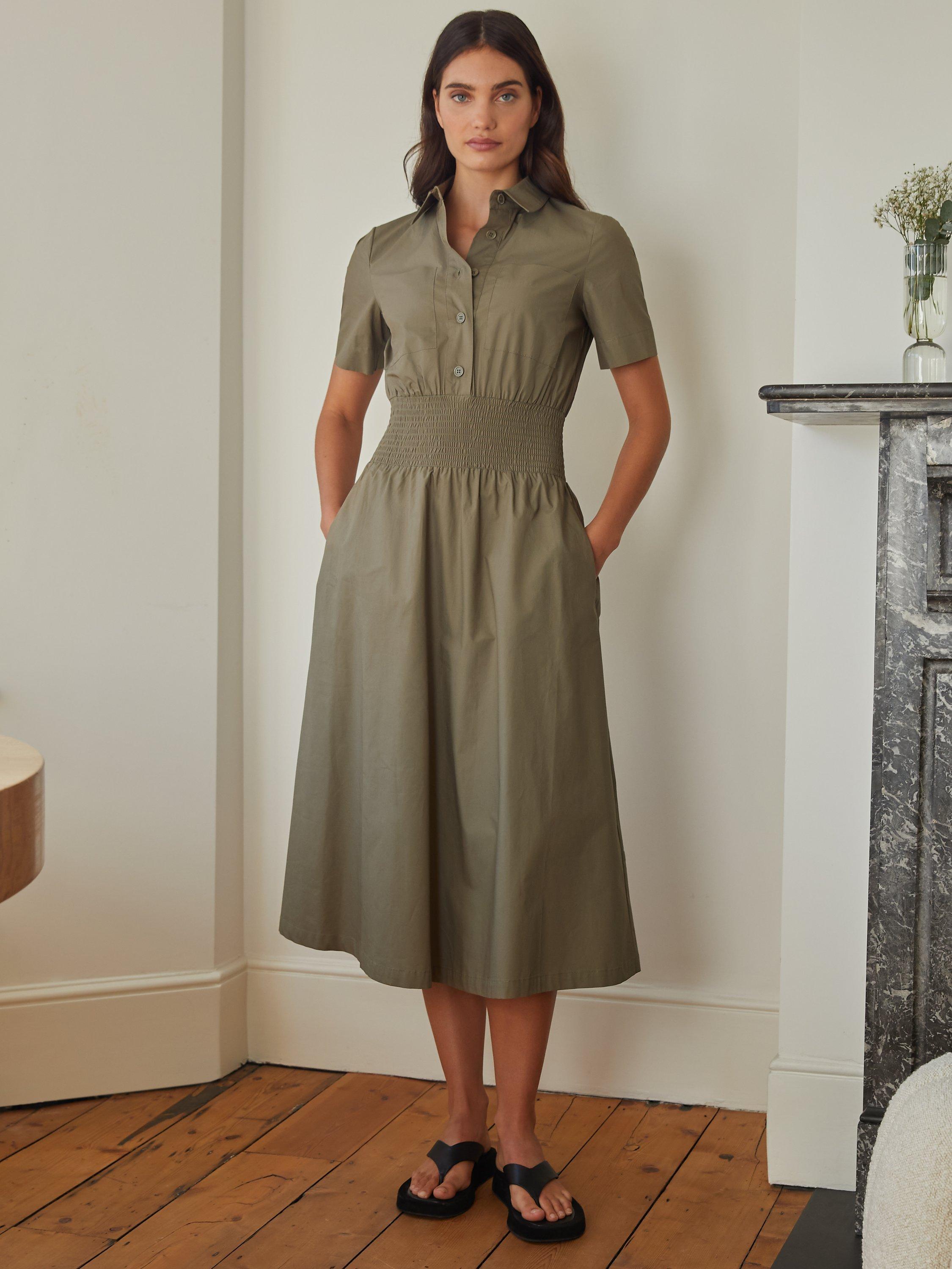 Albaray Organic Shirred Waist Shirt Dress, Khaki