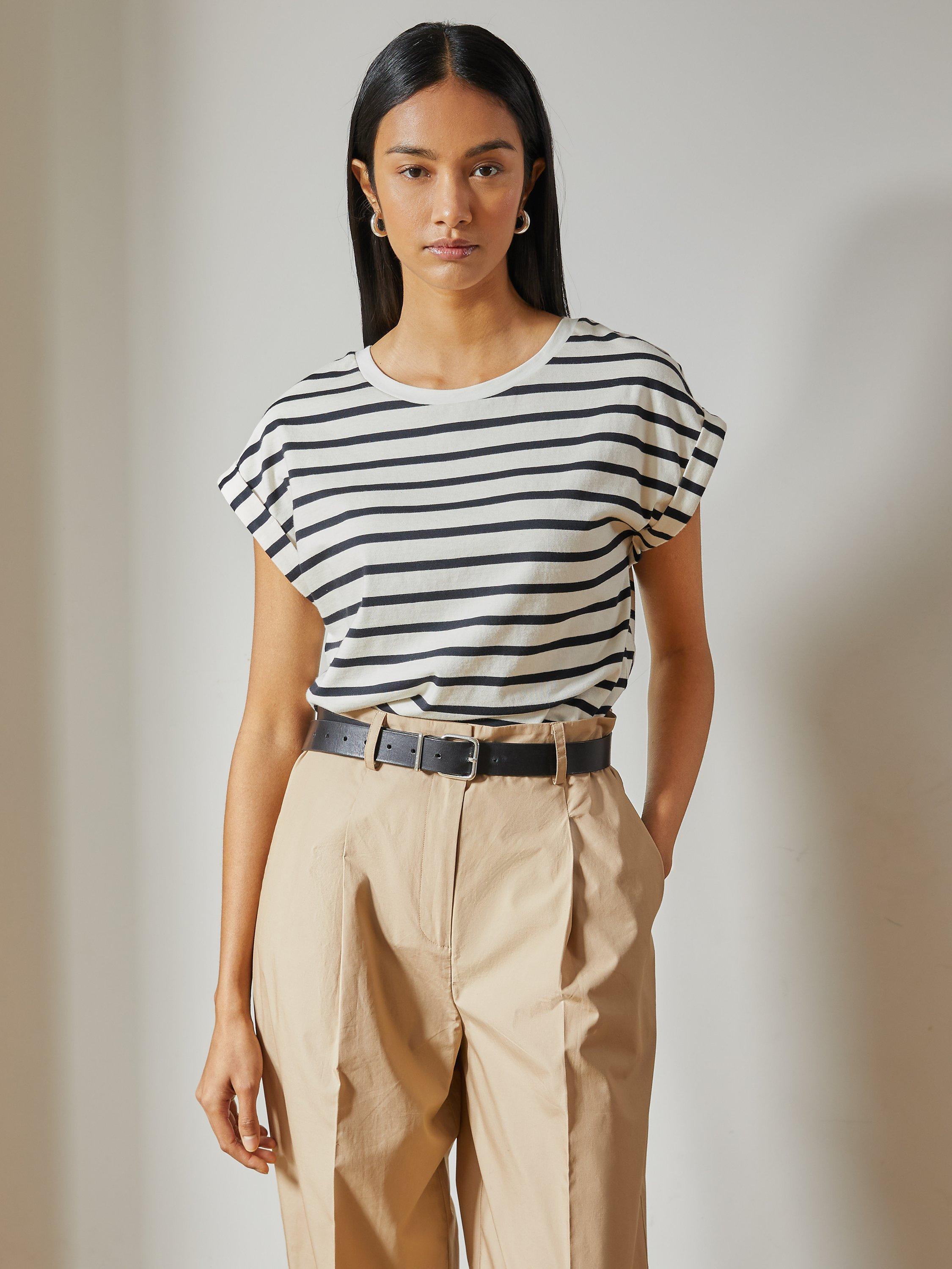 Albaray Roll Sleeve Stripe T-Shirt, Black/White