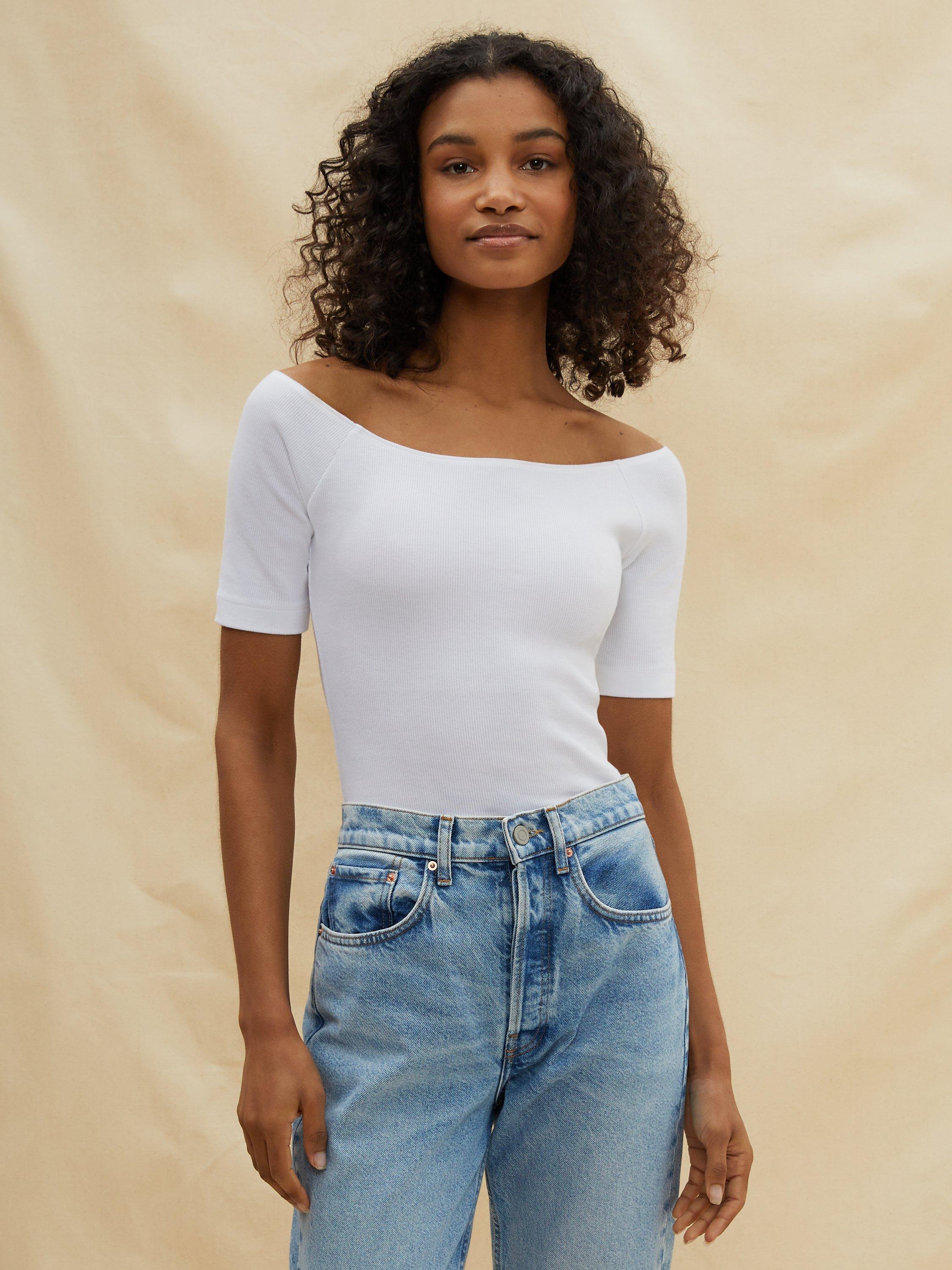 Product image 1 of 3, which shows Albaray Bardot Ribbed Jersey Top, White, 8