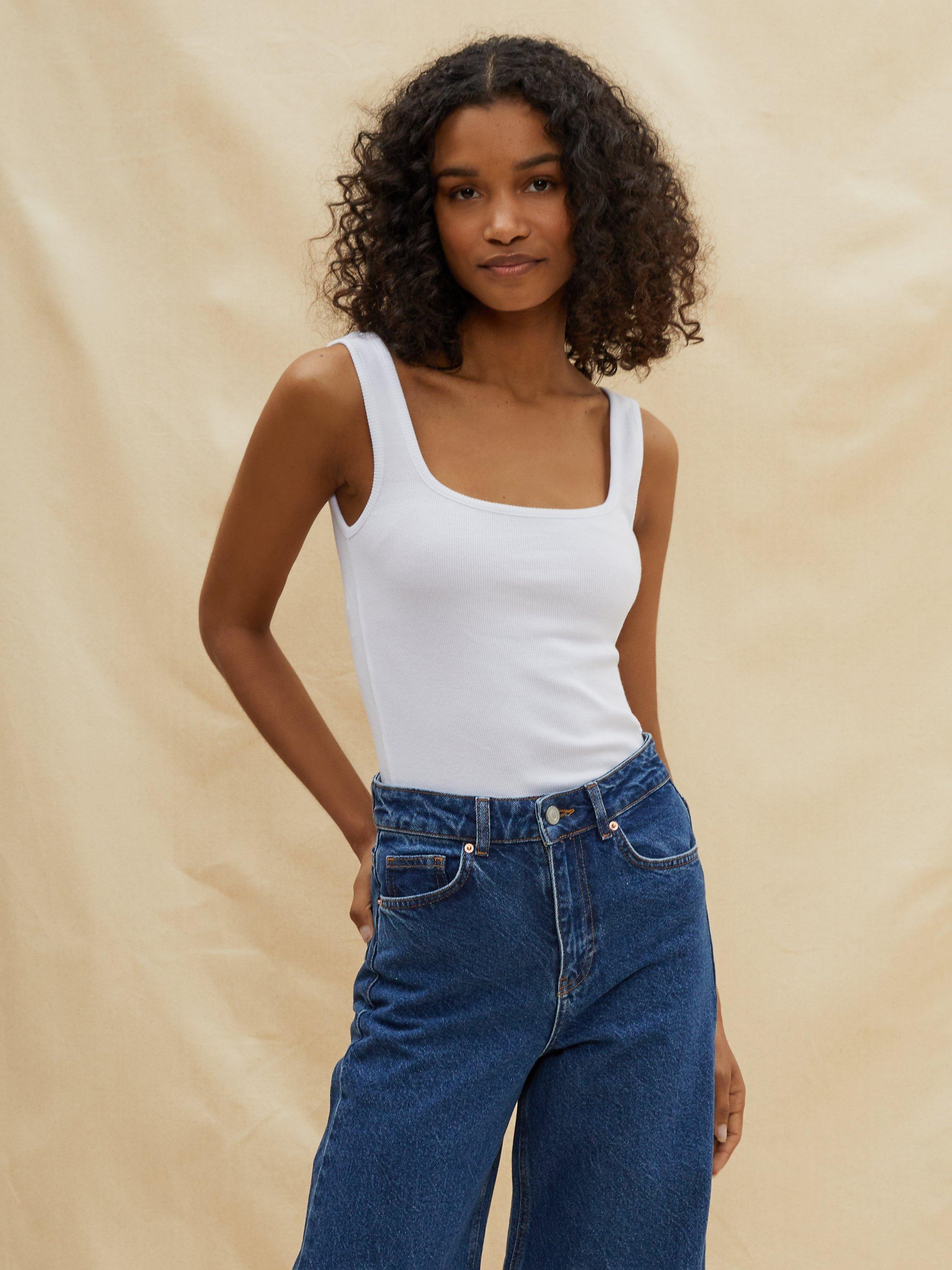 Product image 1 of 4, which shows Albaray Square Neck Ribbed Vest Top, White, 14