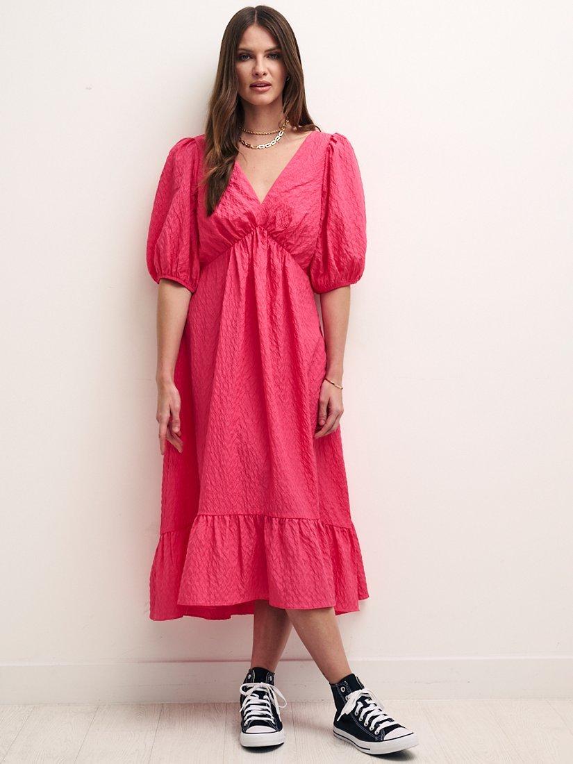 Nobody's Child Amy Crinkle Puff Sleeve Midi Dress, Pink, 12