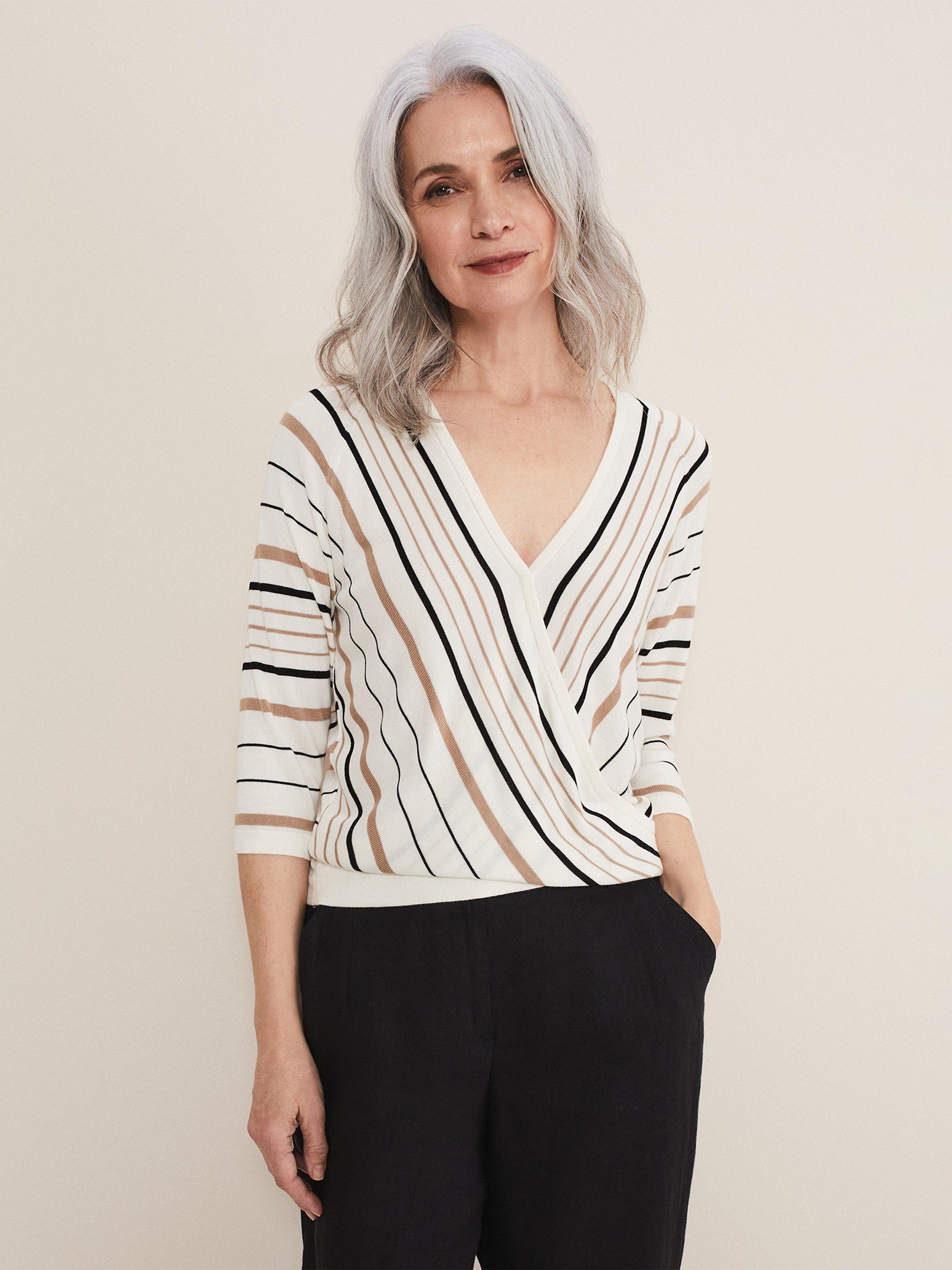 Phase Eight Leonna Stripe Wrap Front Knit Top, Black/Neutral