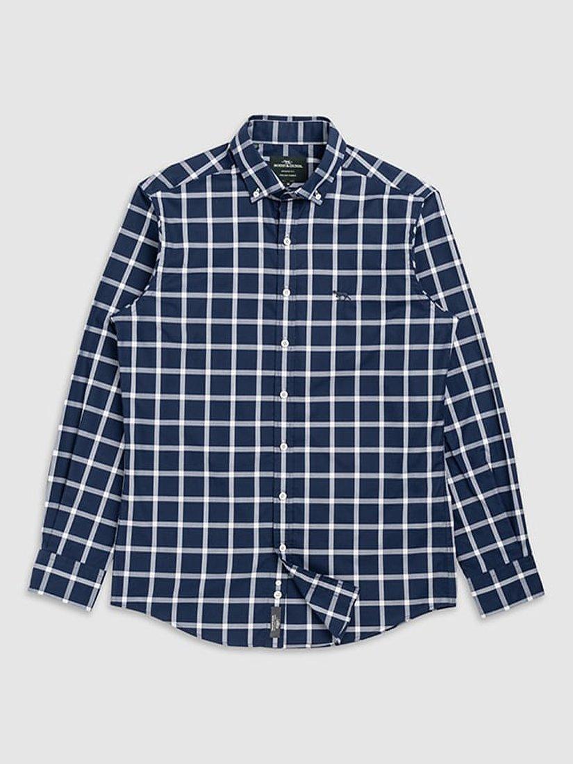 Product image 4 of 5, which shows Rodd & Gunn Gunn Oxford Cotton Large Check Slim Fit Long Sleeve Shirt, Navy/Multi, S