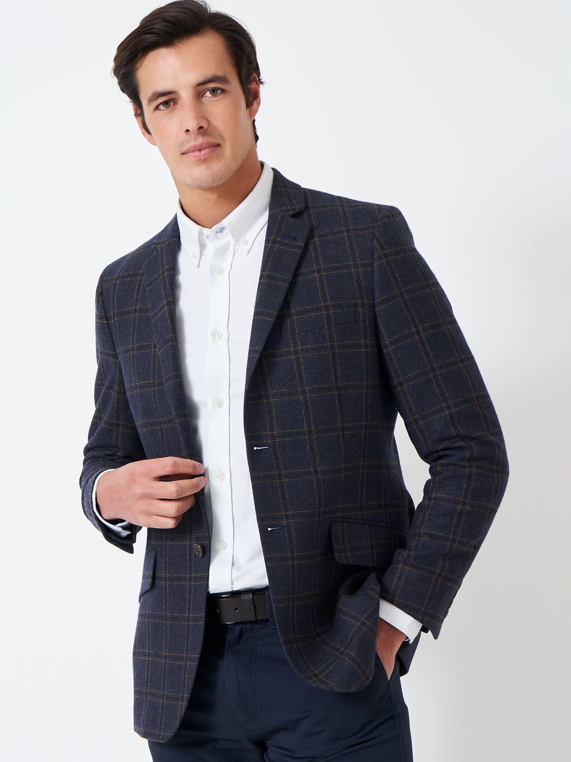 Crew Clothing Wool Blend Check Blazer, Navy Blue