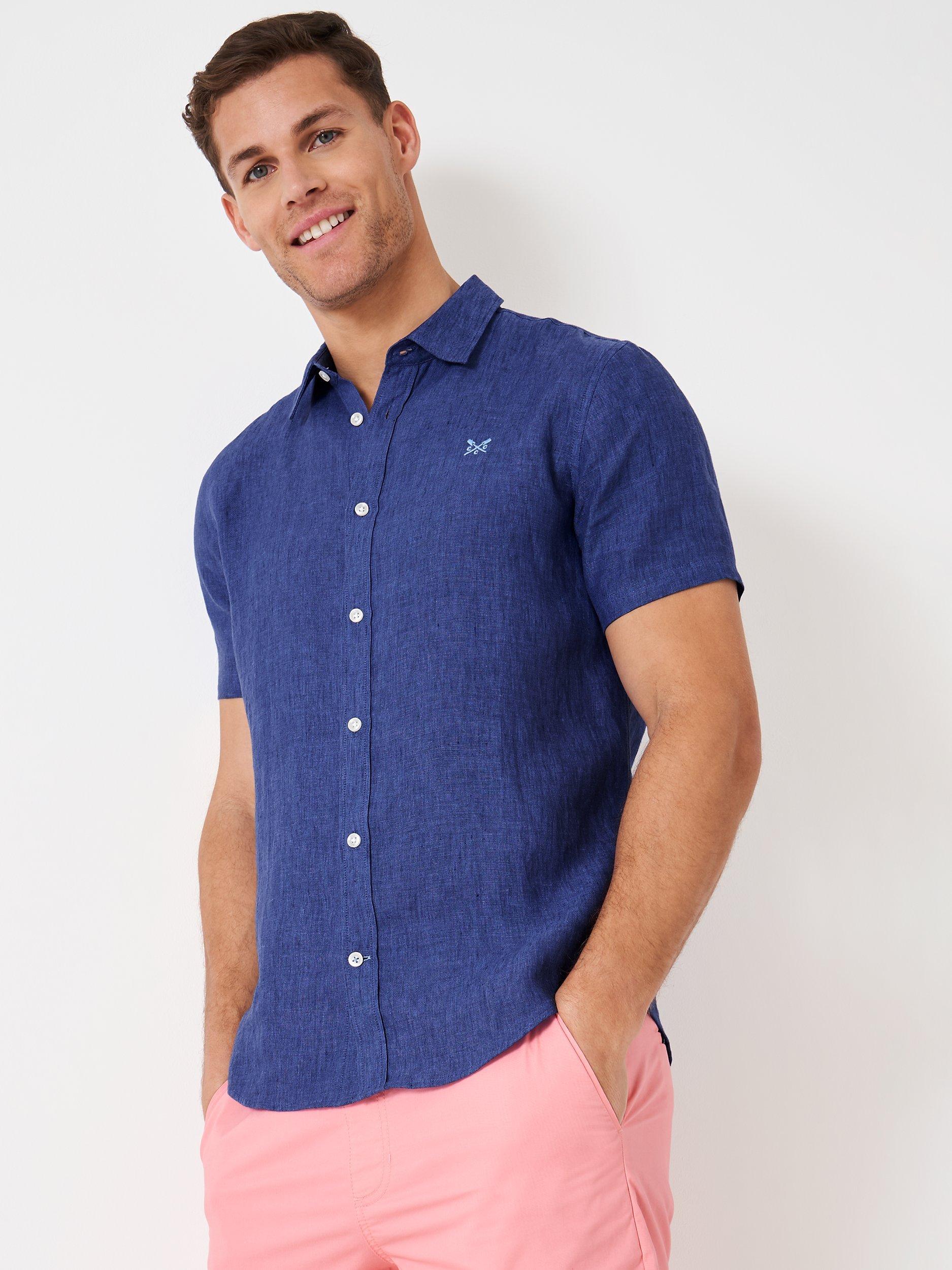 Crew Clothing Linen Short Sleeve Shirt, Mid Blue