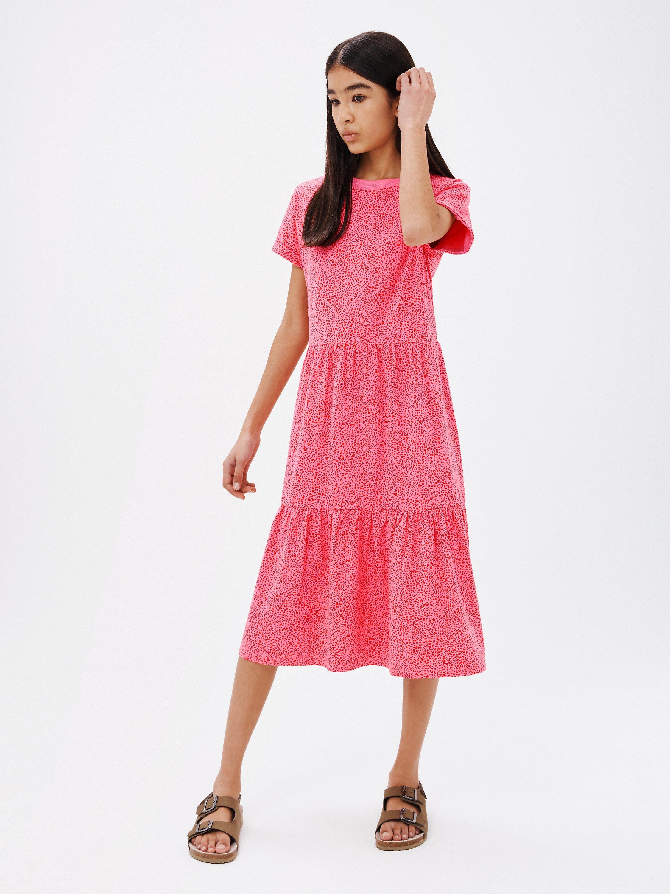 John Lewis Kids' Miniature Animal Print Tiered Jersey Dress, Pink