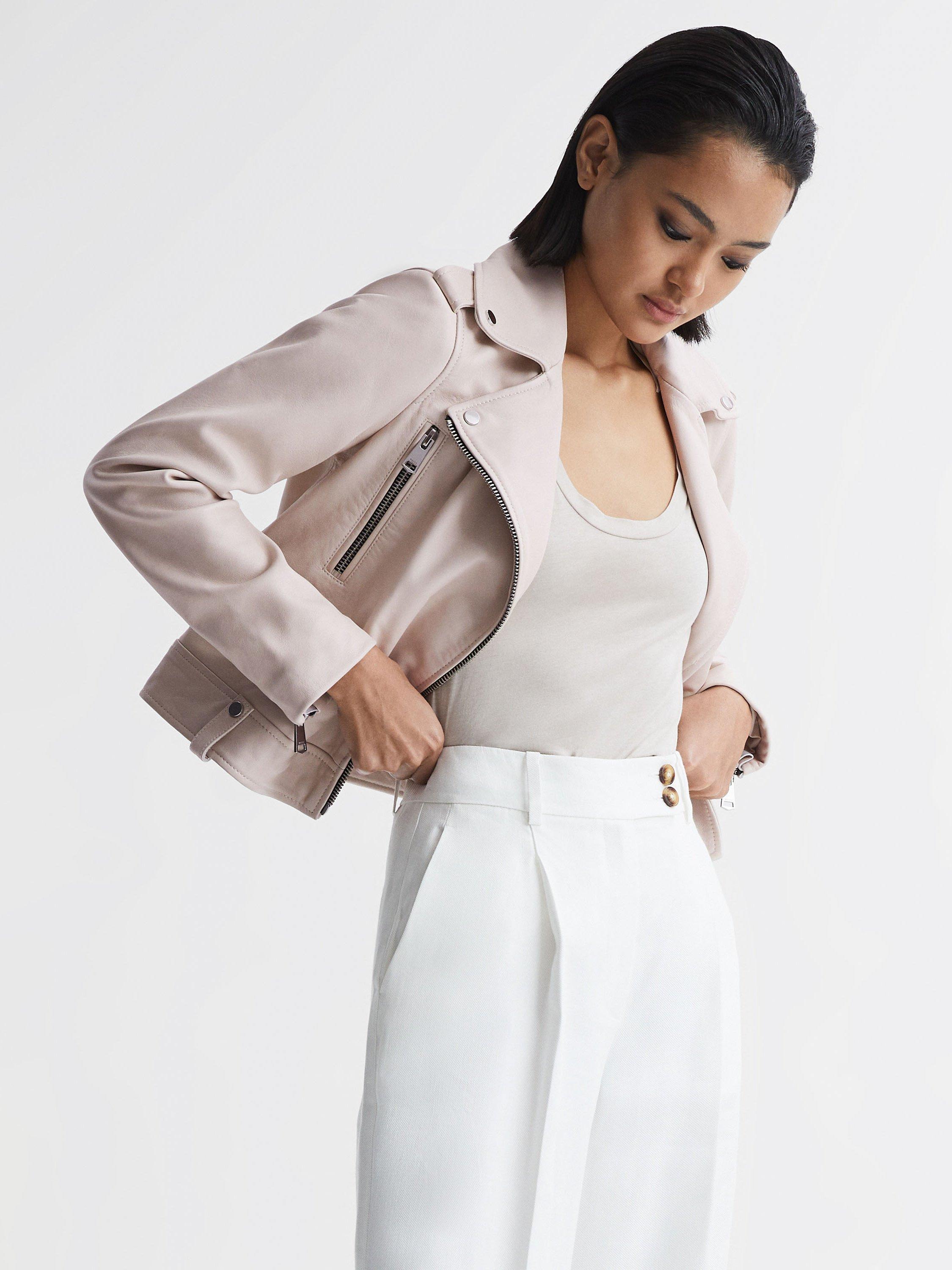 Reiss Santiago Biker Leather Jacket, Off White