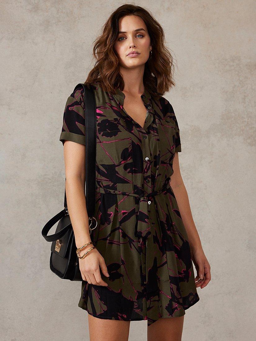 Mint Velvet Print Utility Mini Dress, Khaki
