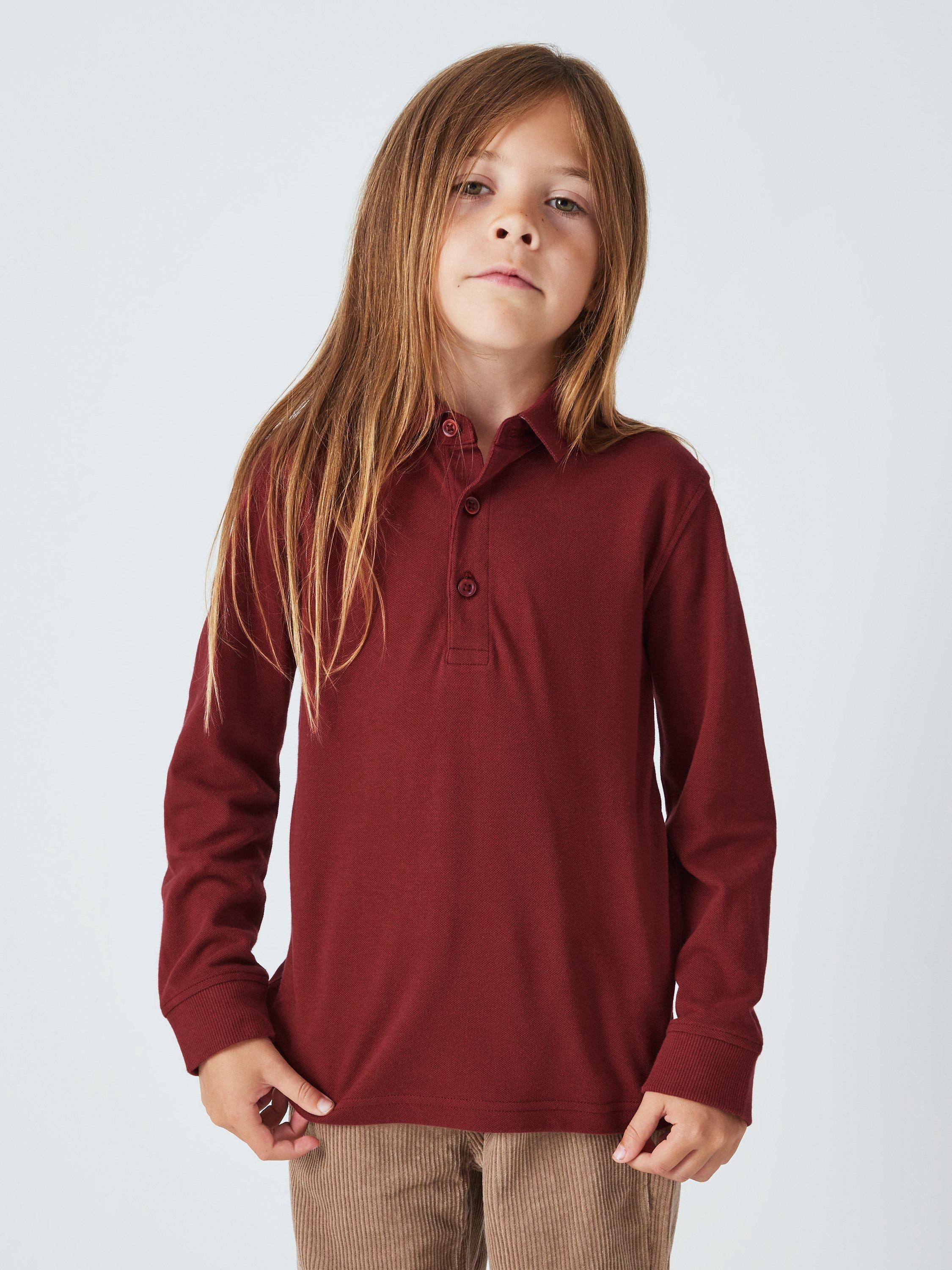 John Lewis Kids' Plain Pique Cotton Long Sleeve Polo Shirt, Red