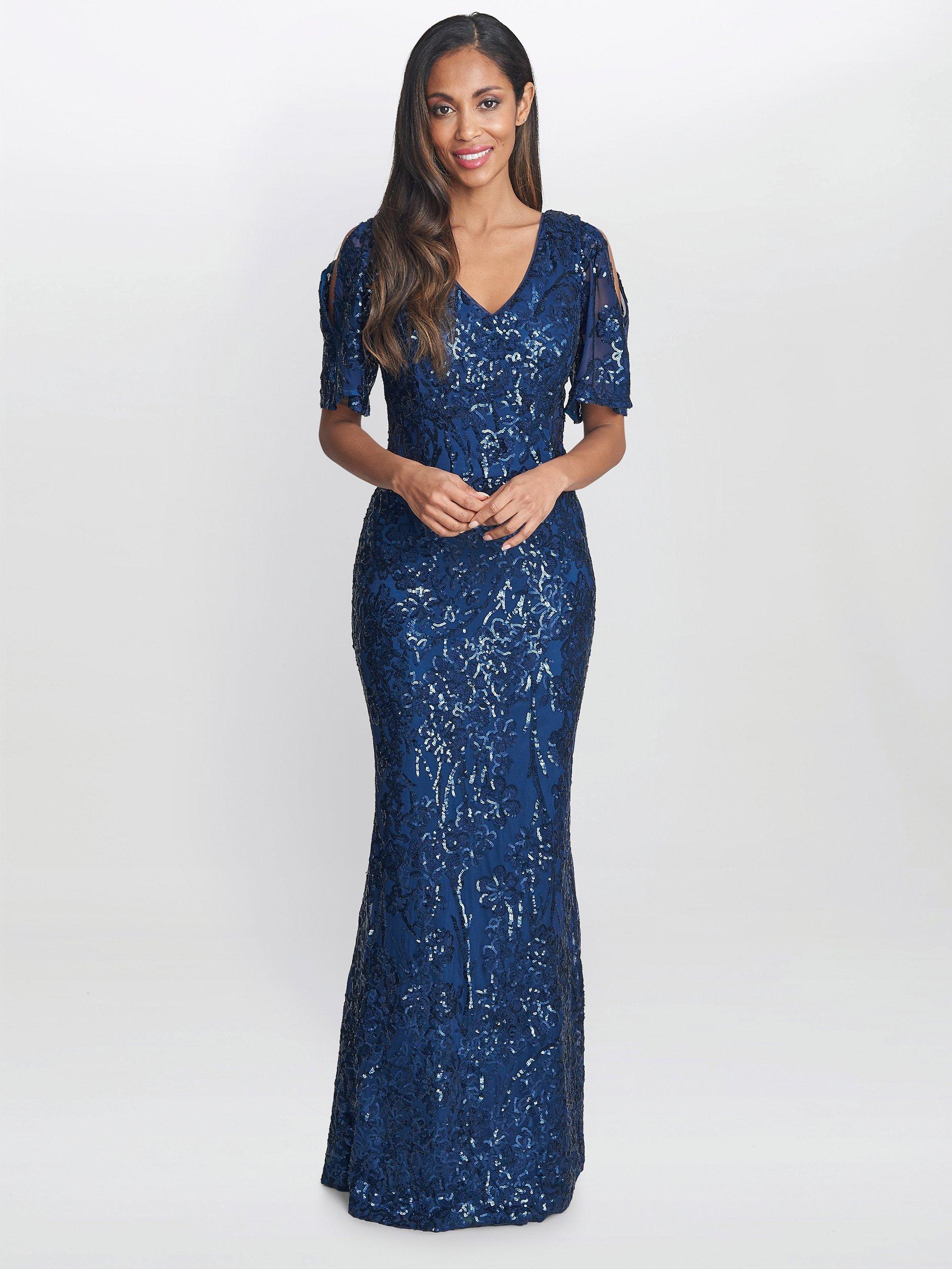 Gina Bacconi Jeselle Floral Sequin Evening Dress Navy