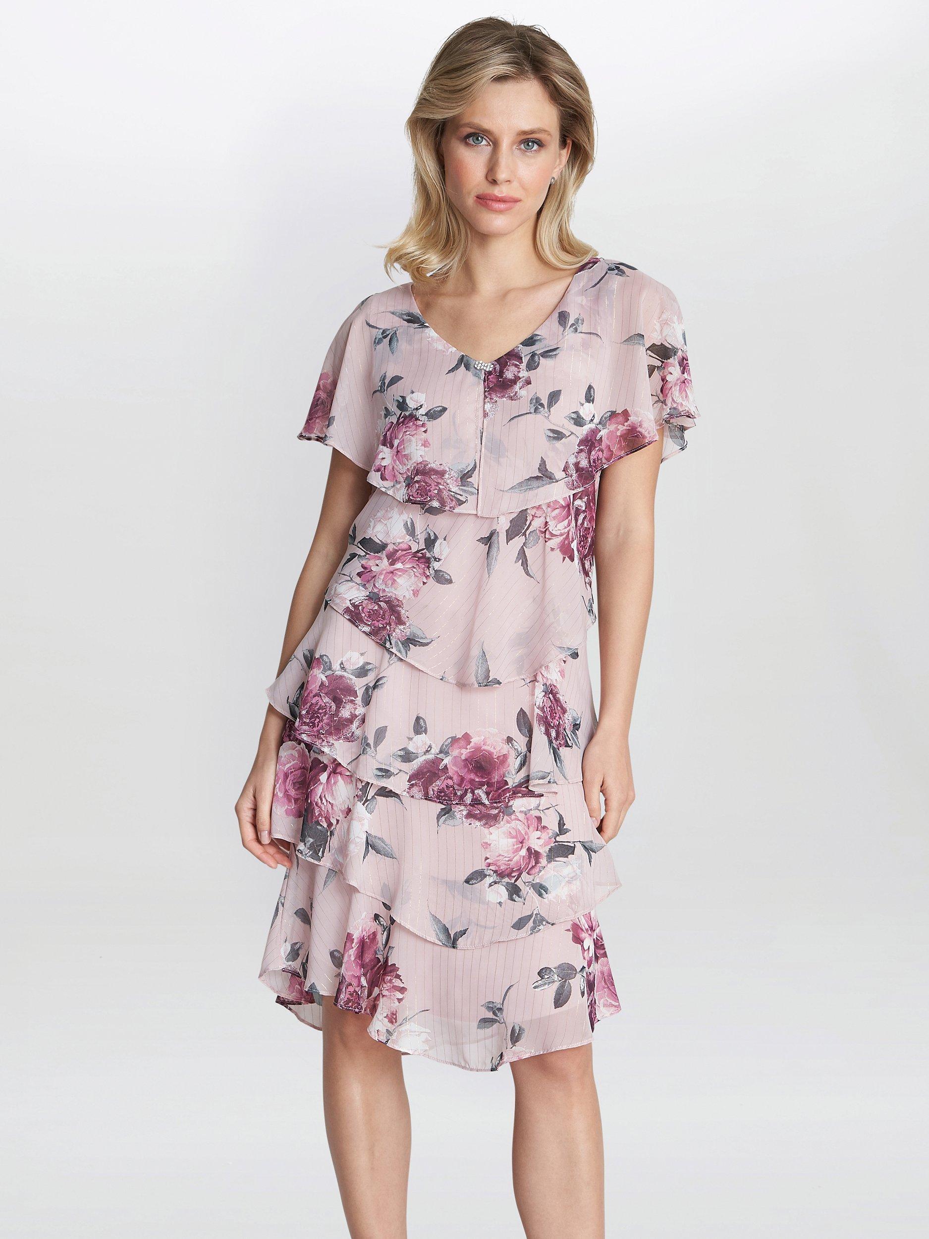 Gina Bacconi Ella Floral Print Tiered Dress, Blush, 20