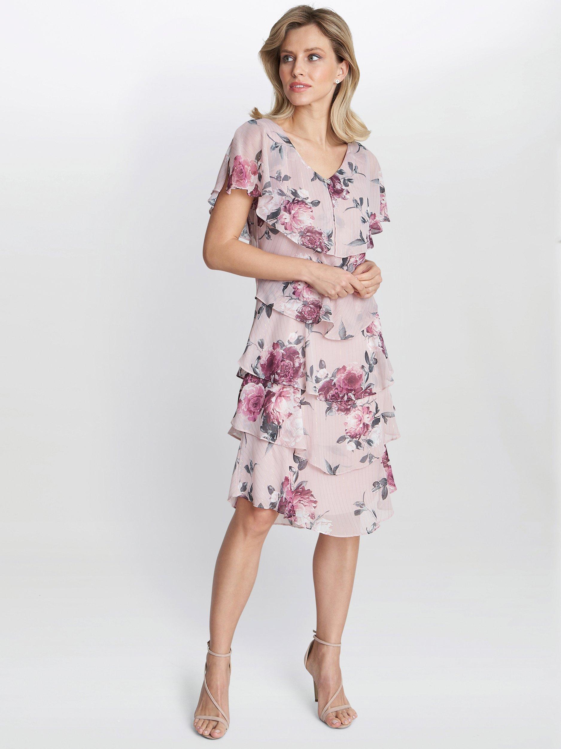 Gina Bacconi Ella Floral Print Tiered Dress, Blush, 20