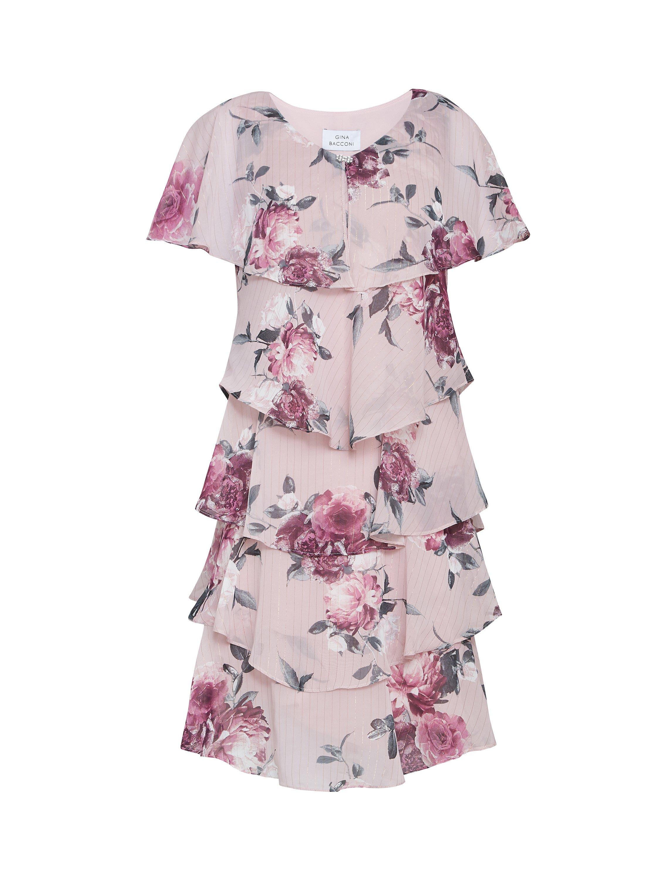 Gina Bacconi Ella Floral Print Tiered Dress, Blush, 20