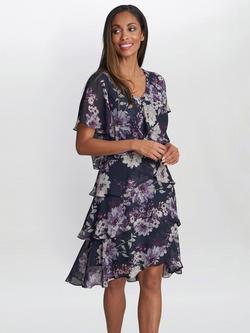 Gina Bacconi Paula Printed V-Neck Tier Dress, Navy/Multi, Navy/Multi