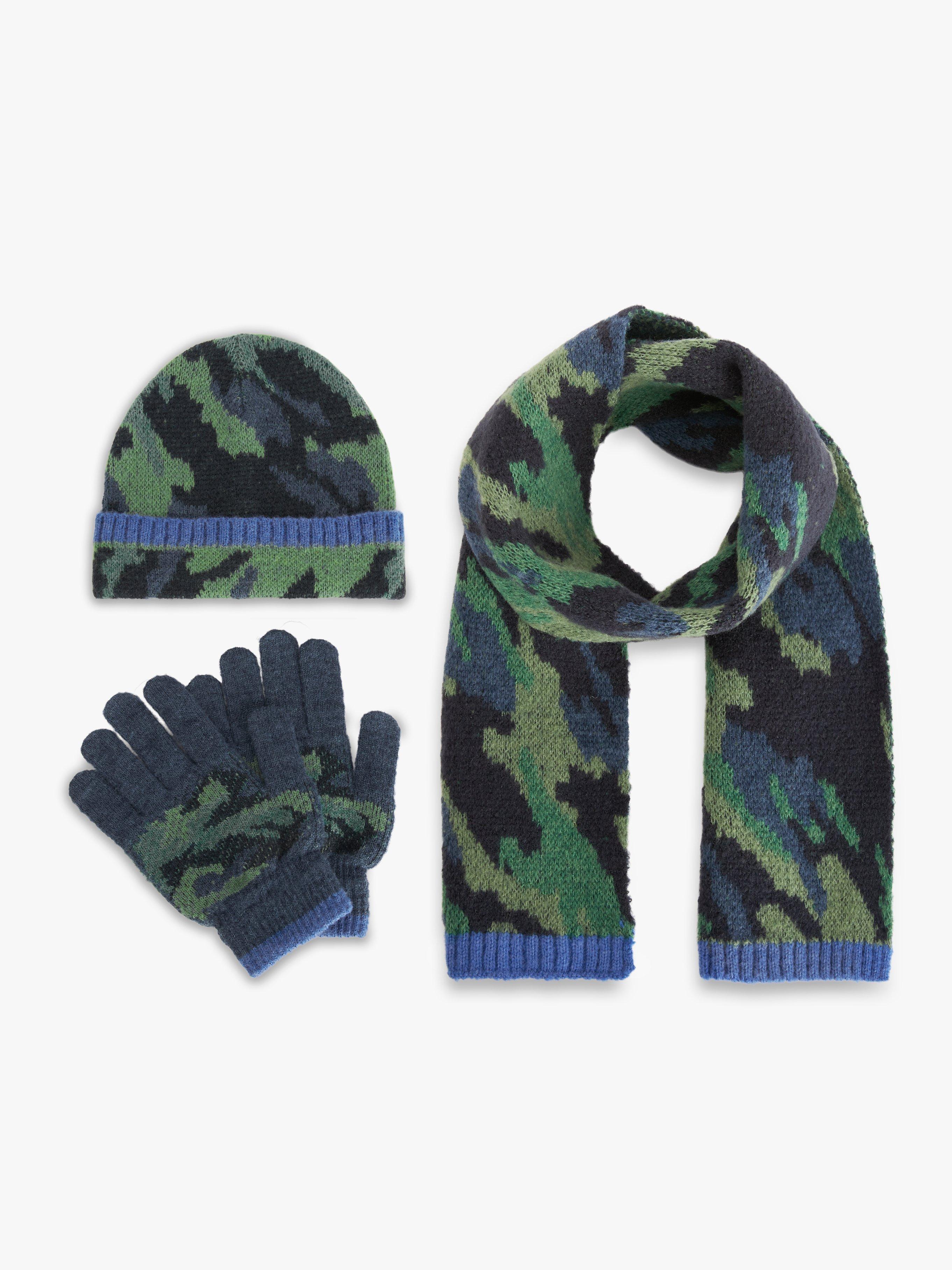 Product image 2 of 4, which shows John Lewis Kids' Camo Print Hat, Scarf and Gloves Set, Green/Blue, 3-5 years