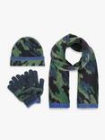 John Lewis Kids' Camo Print Hat, Scarf and Gloves Set, Green/Blue