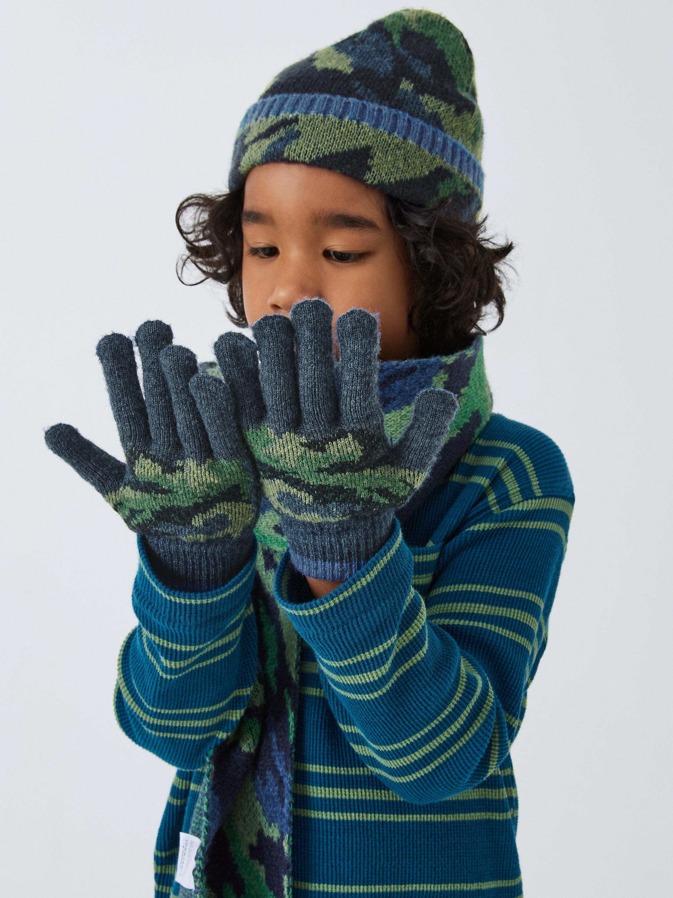 Product image 4 of 4, which shows John Lewis Kids' Camo Print Hat, Scarf and Gloves Set, Green/Blue, 3-5 years