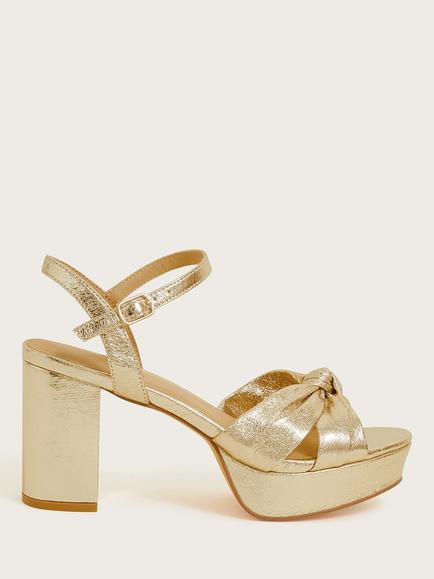 Monsoon Metallic Twist Knot Platform Heel Sandals, Gold, Gold
