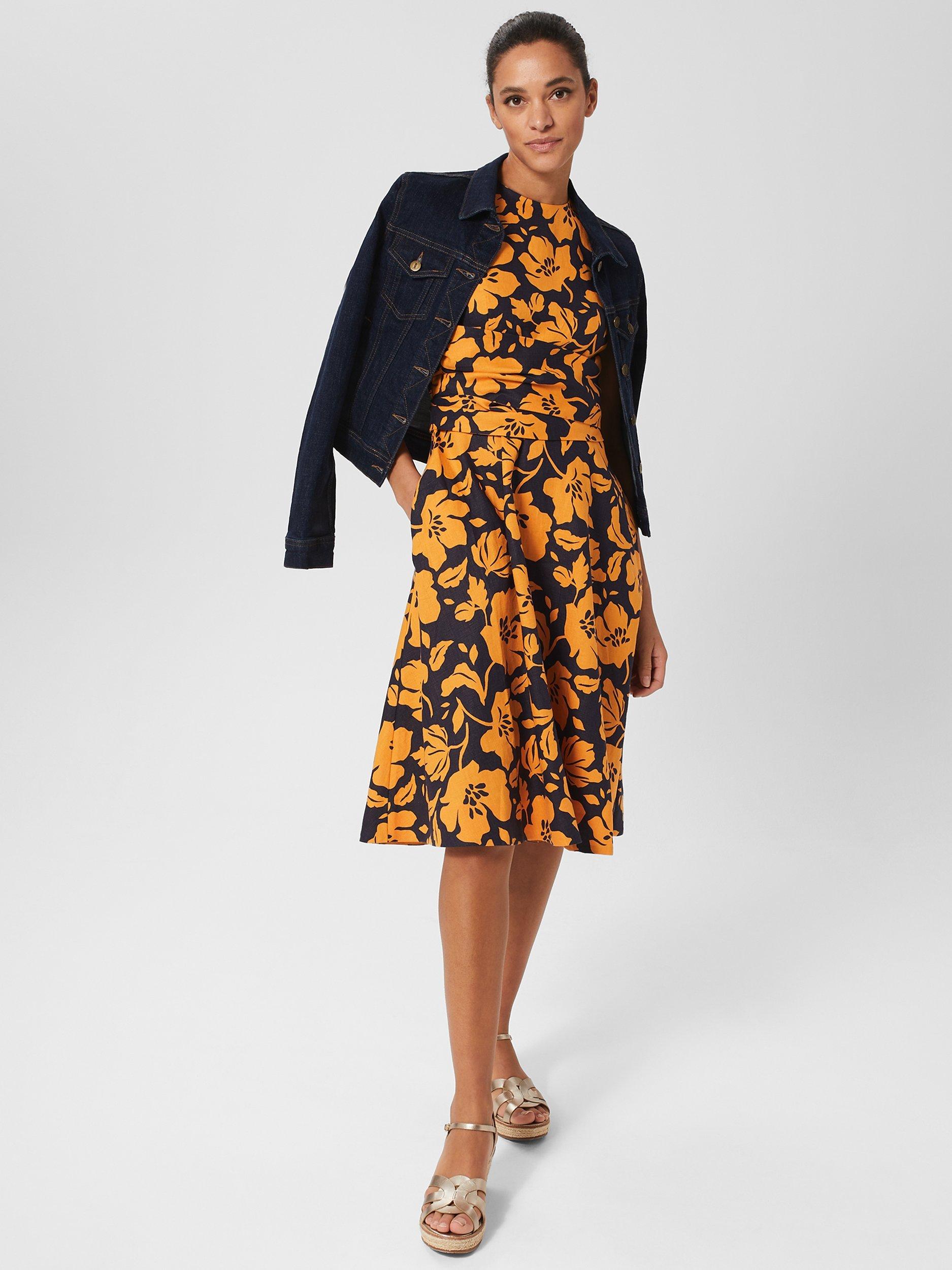 Product image 2 of 6, which shows Hobbs Twitchill Floral Print Dress, Orange/Navy, 8