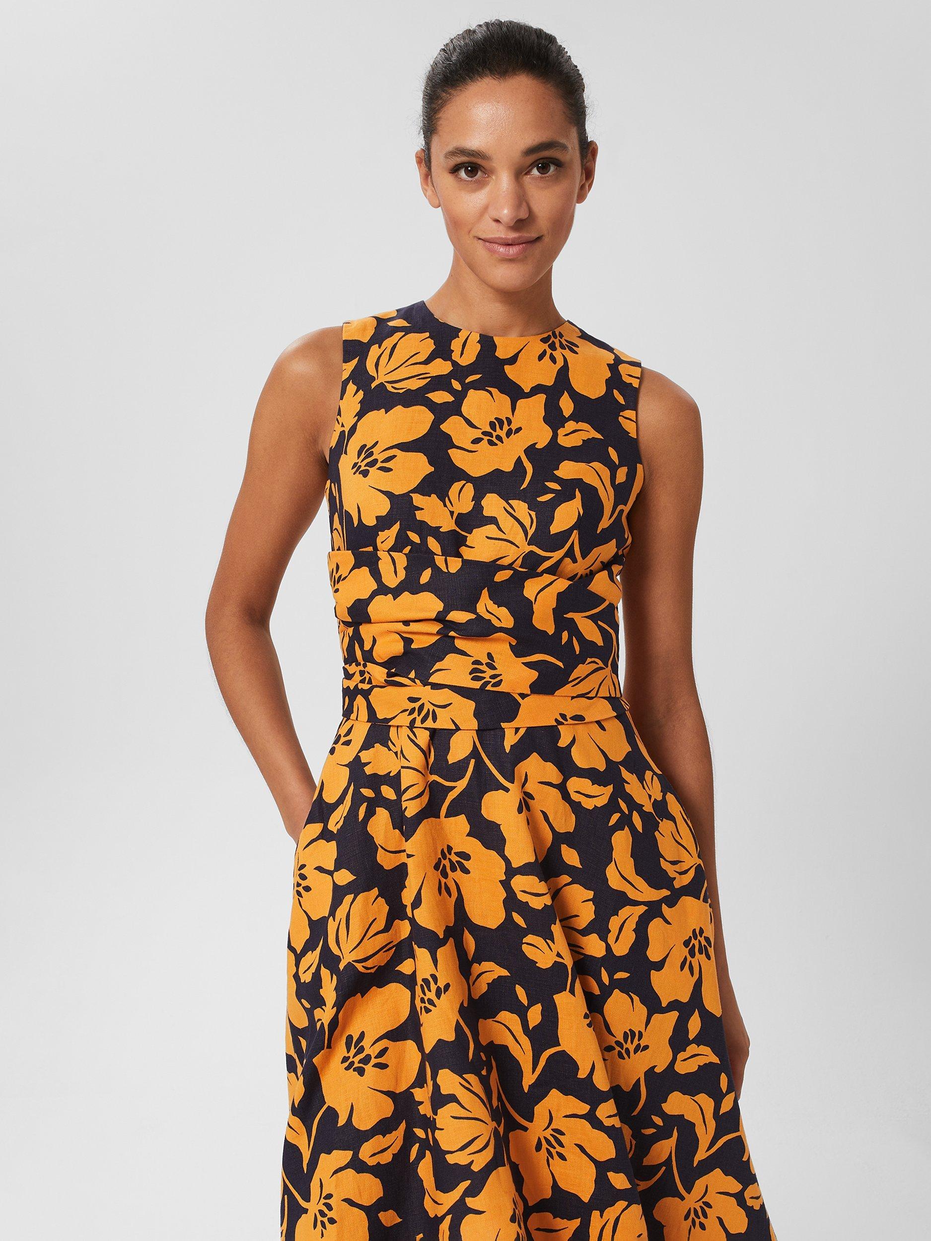 Product image 3 of 6, which shows Hobbs Twitchill Floral Print Dress, Orange/Navy, 8