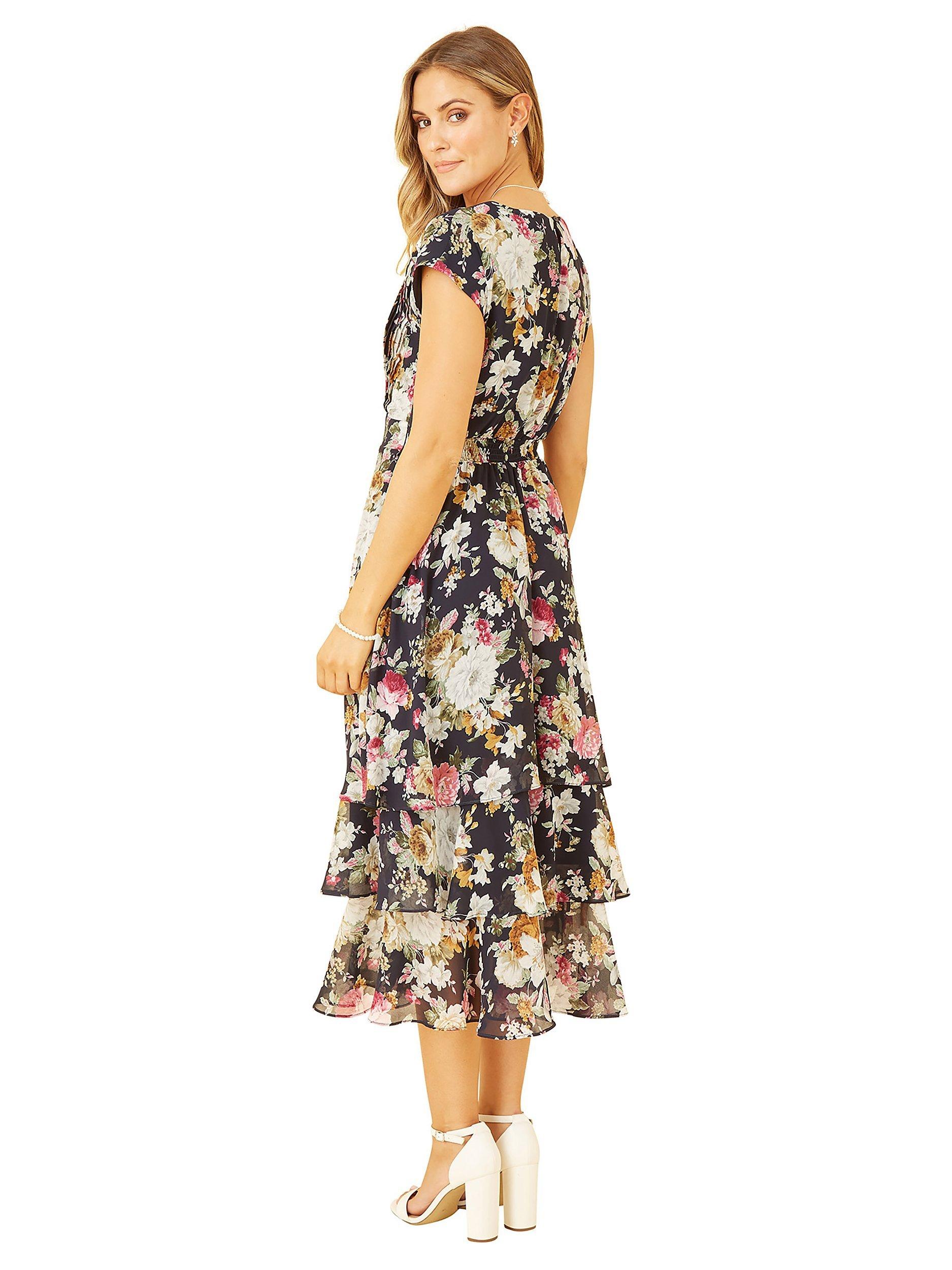 Yumi Floral Tiered Midi Dress, Black