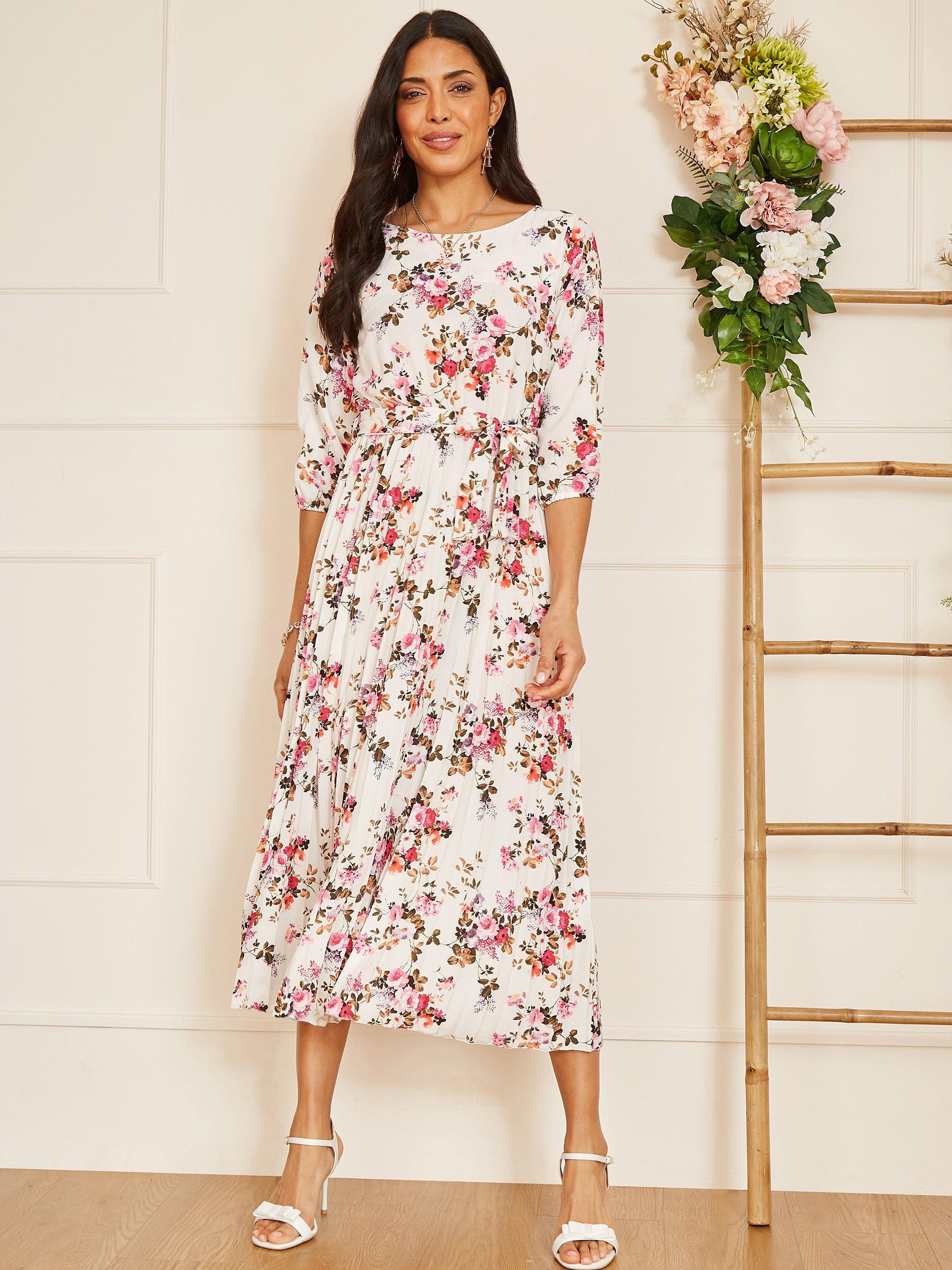 Product image 1 of 6, which shows Yumi Floral Print Pleated Dress, White, 8